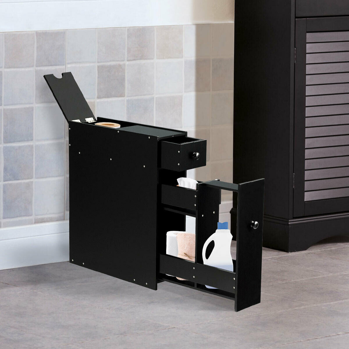 Slim Storage Cabinet with Slide-out Drawers and Flip-open Top Cover-Black