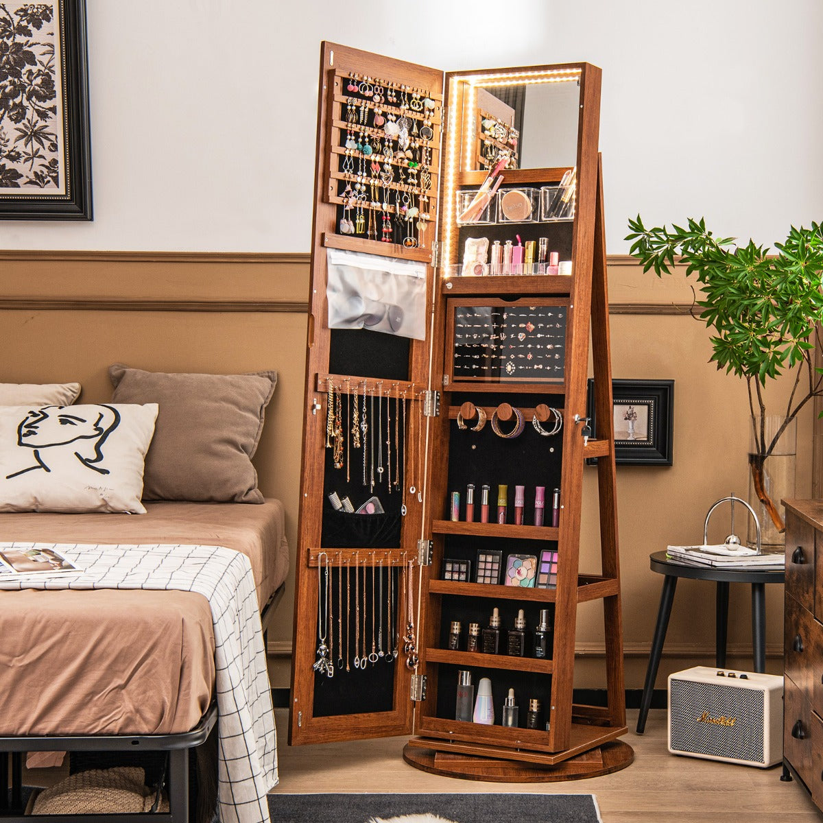 360-Degree Mirrored Jewelry Armoire with 3-Color Auto-on LED Lights-Natural