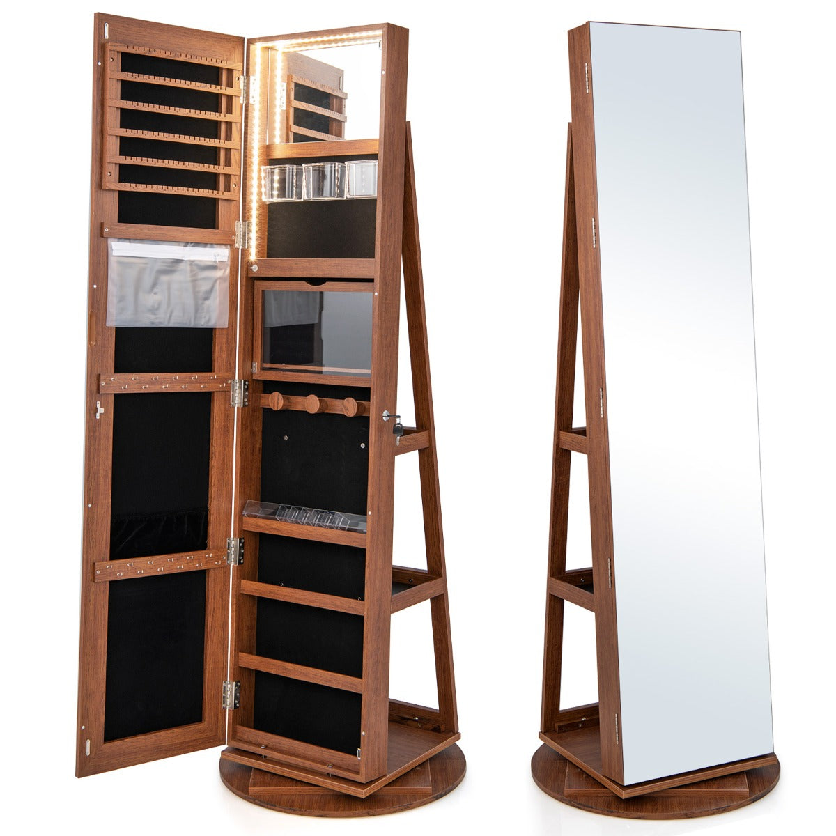 360-Degree Mirrored Jewelry Armoire with 3-Color Auto-on LED Lights-Natural