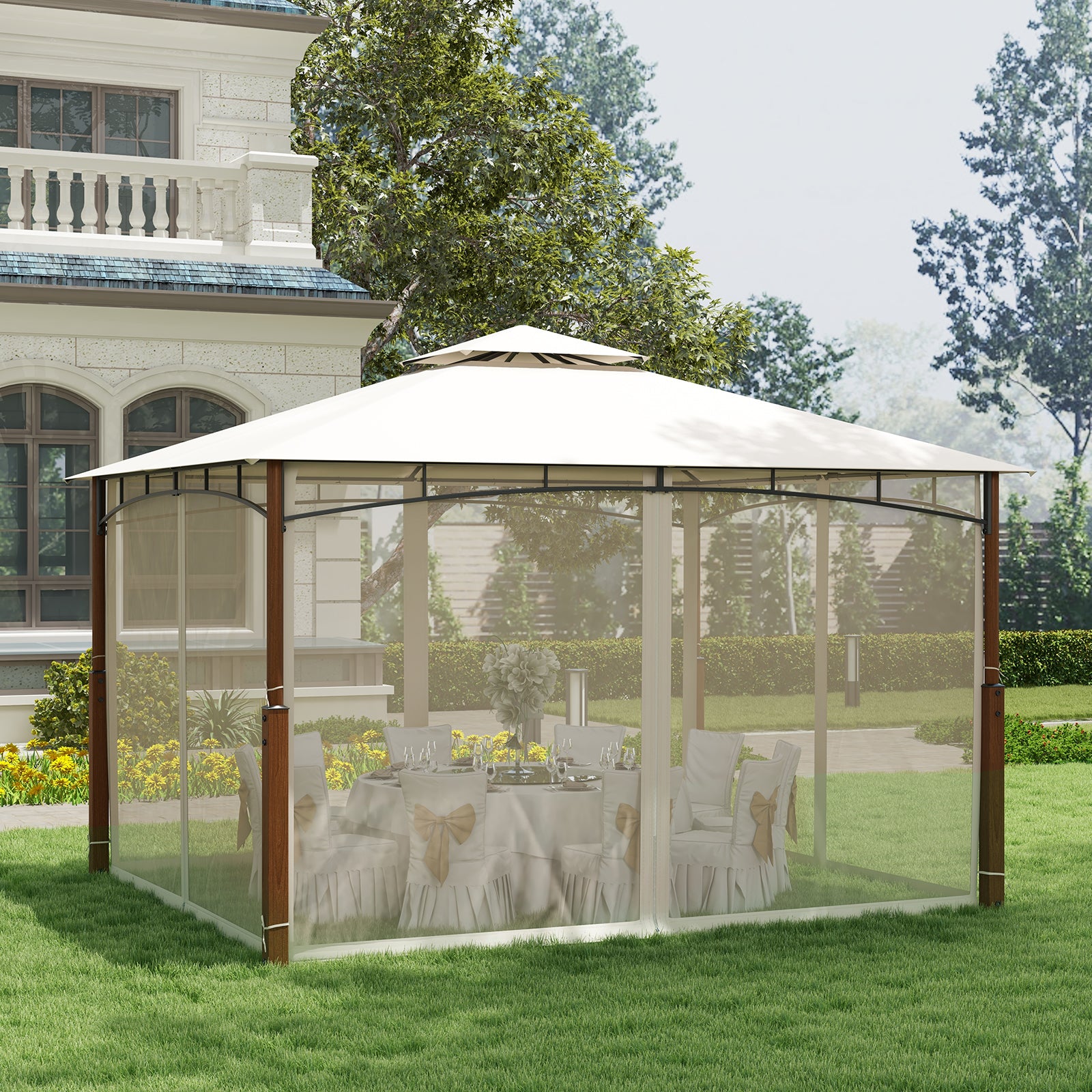 360 x 300cm Outdoor Patio Gazebo Metal Frame Soft Top Tent with Netting-Beige