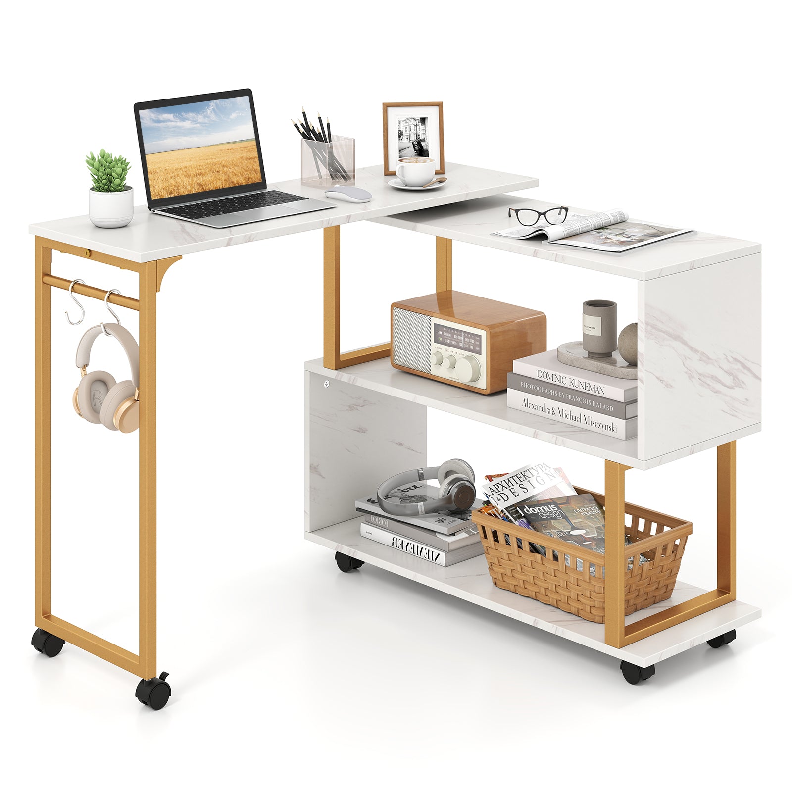 360¬∞ Sofa Side Table with Storage Bookcase and Hooks-White