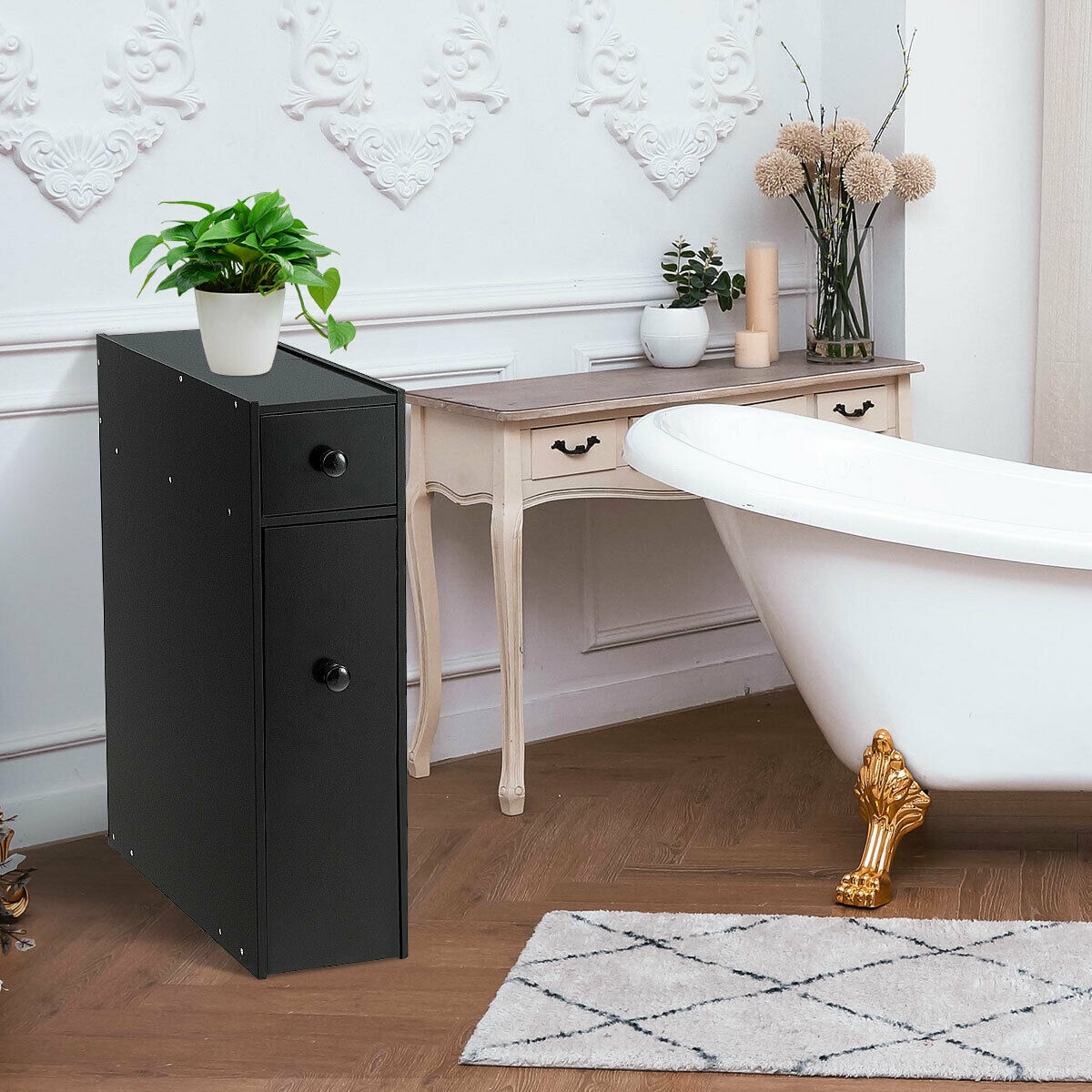 Slim Storage Cabinet with Slide-out Drawers and Flip-open Top Cover-Black