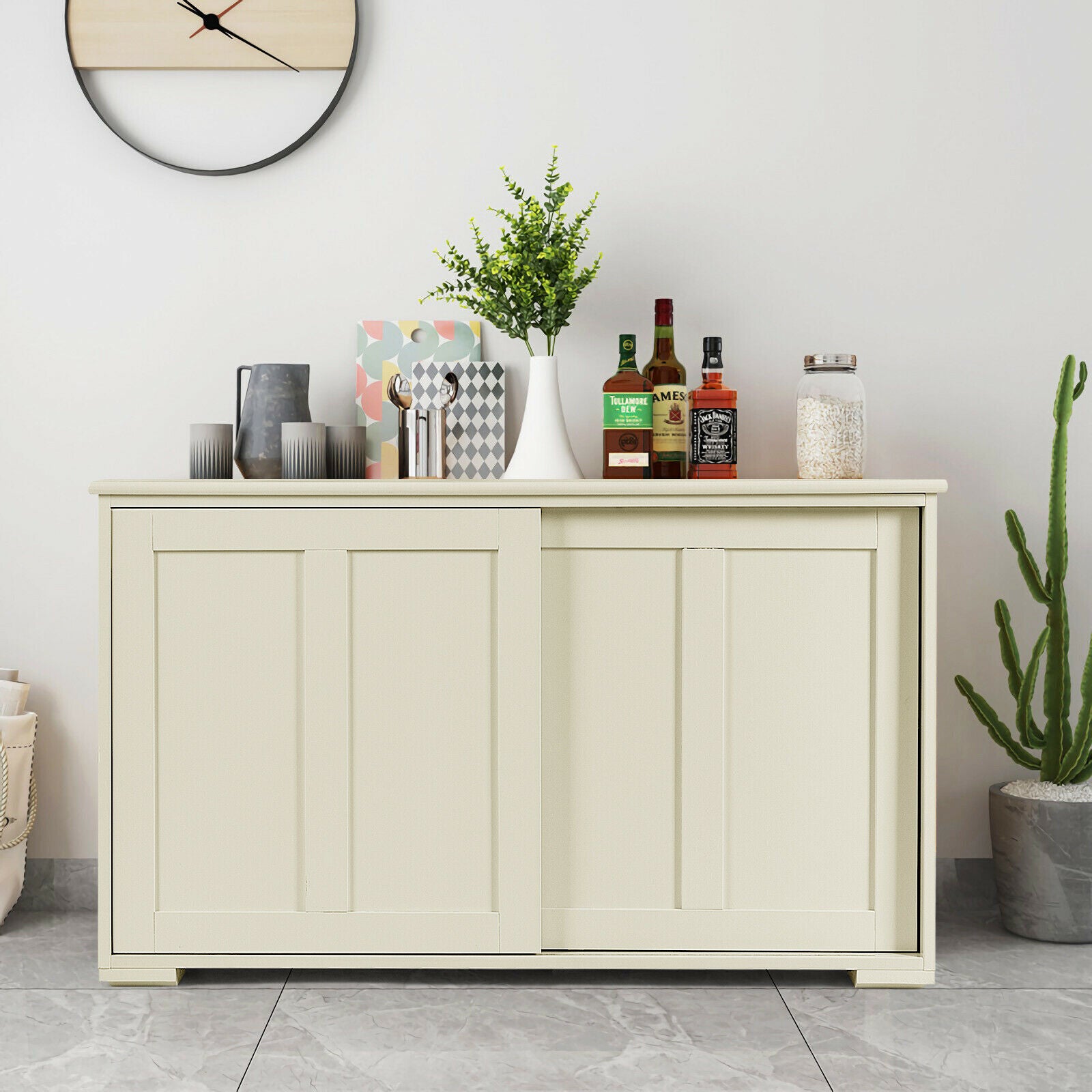 Storage Sideboard with Sliding Door and Double Partition-White