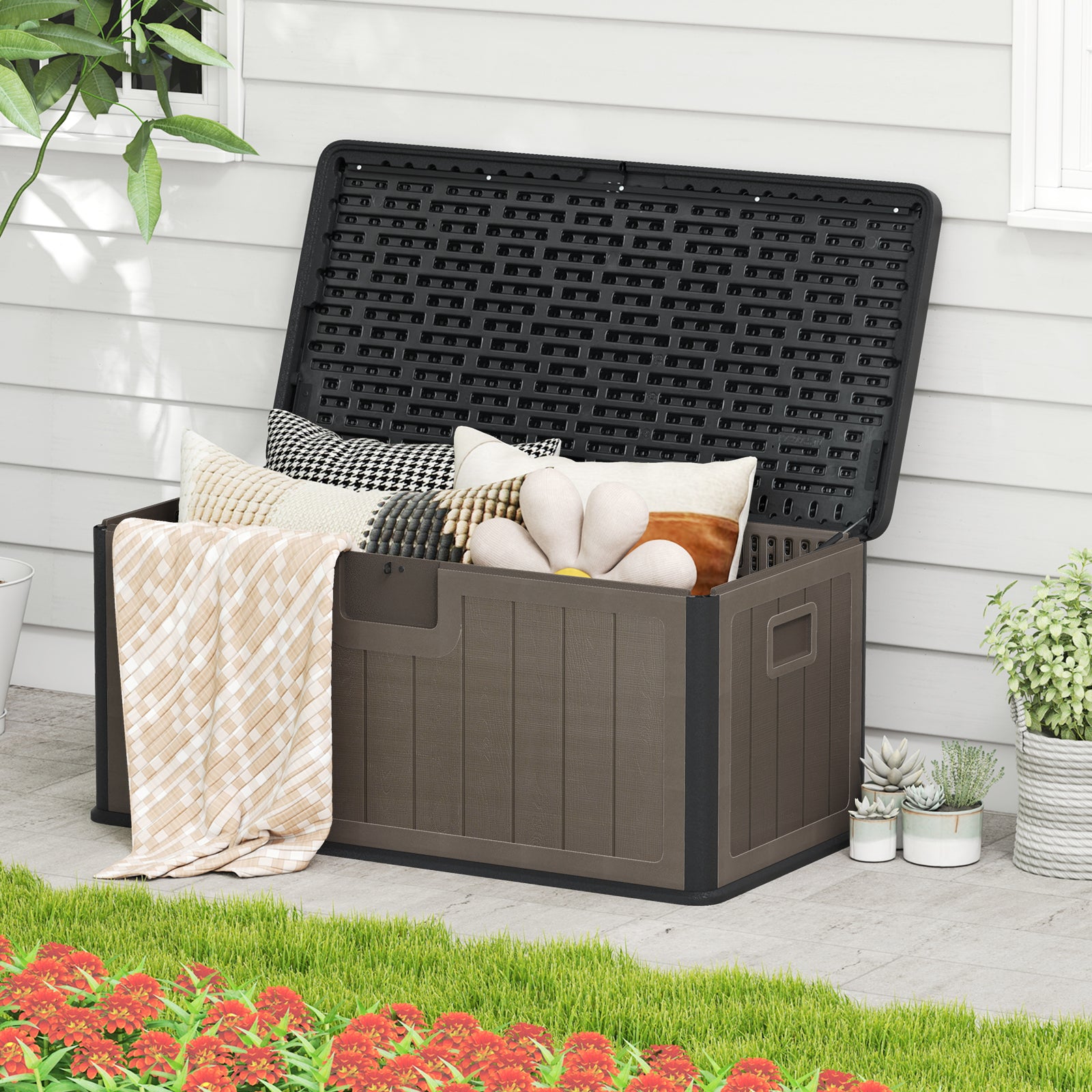 380L Large Waterproof Storage Deck Box for Garden Tools-Brown