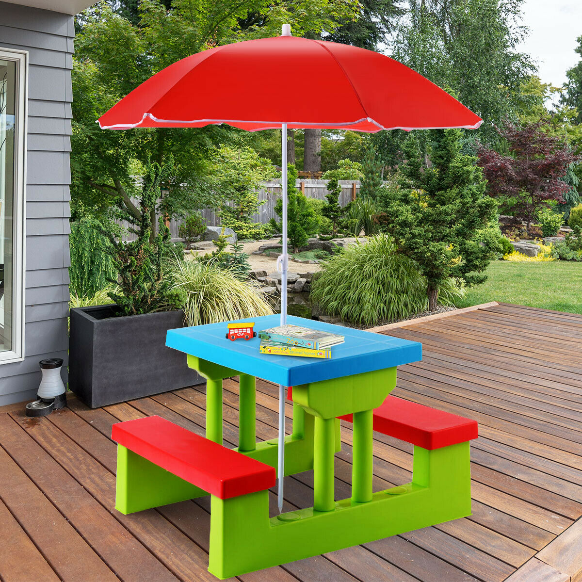 Kids Picnic Play Table Set with Removable Umbrella-Red
