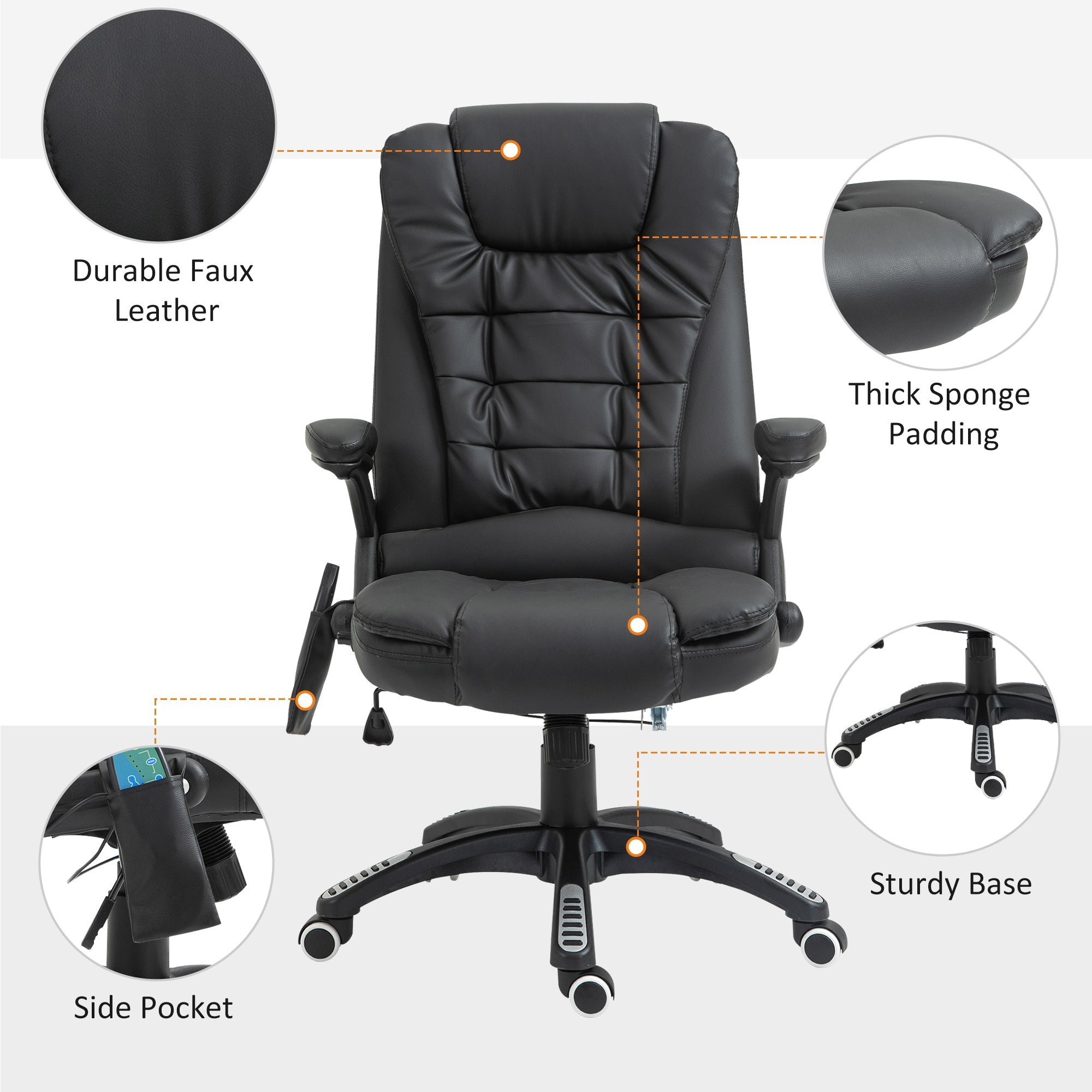 HOMCOM 6-Point Massage Office Chair with Seat Heated for Home Office, PU Leather High Back Executive Desk Chair with Adjustable Height and 360√Ç¬∞ Swivel for Work Study, Black