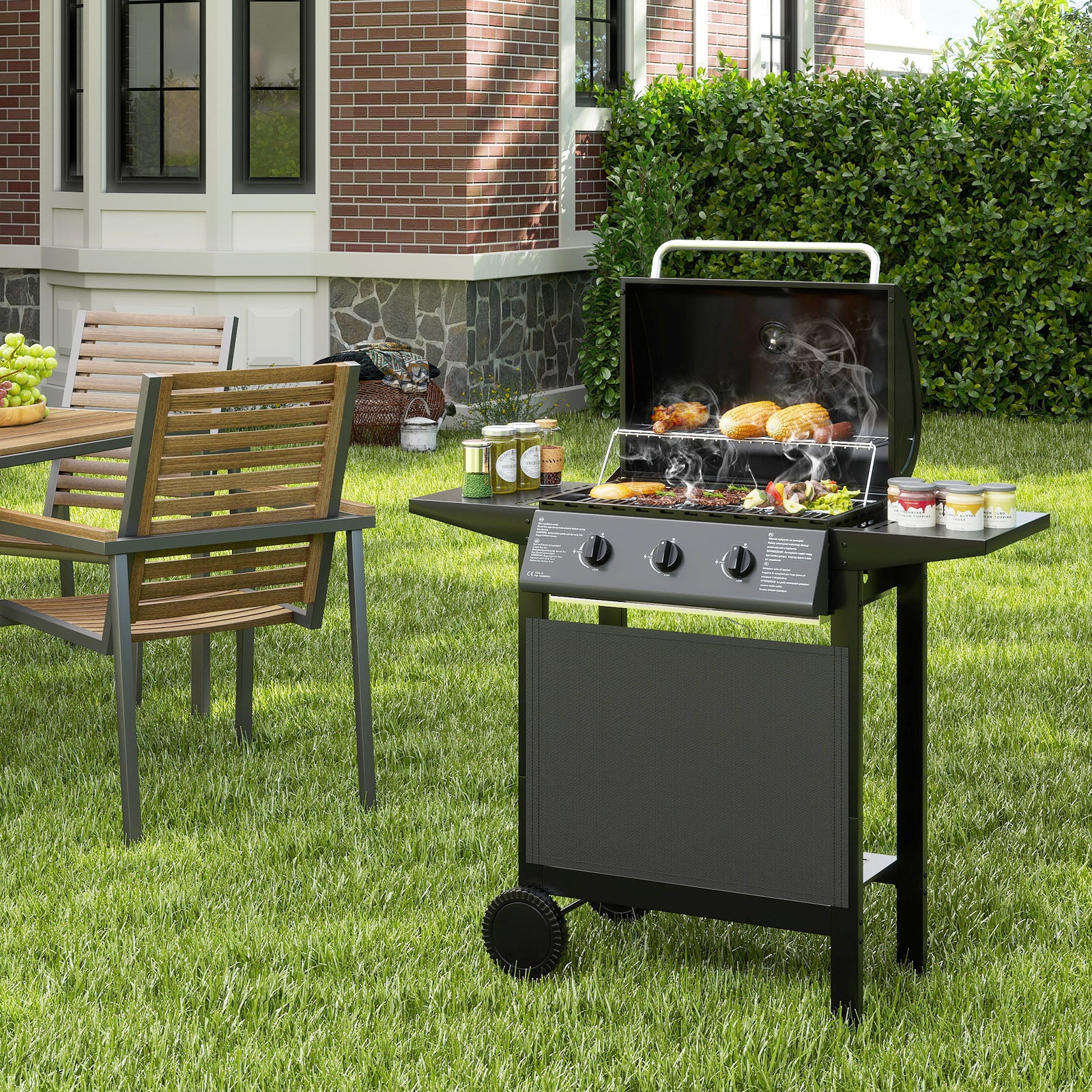 3-Burner Propane Gas Grill 24,000 BTU Portable with Lid and Side Tables