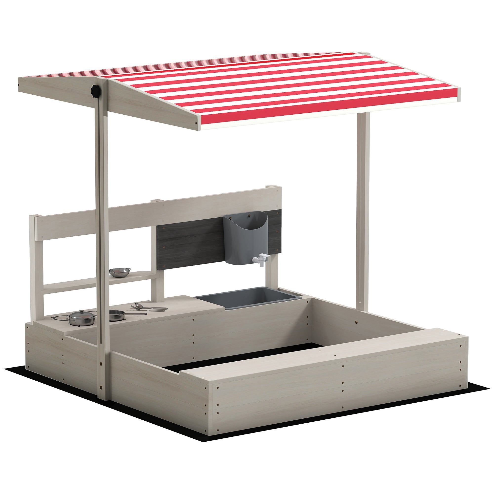 Outsunny Kids Wooden Sandbox w/ Canopy, Kitchen Toys, Seat, Storage, for Ages 3-7 Years