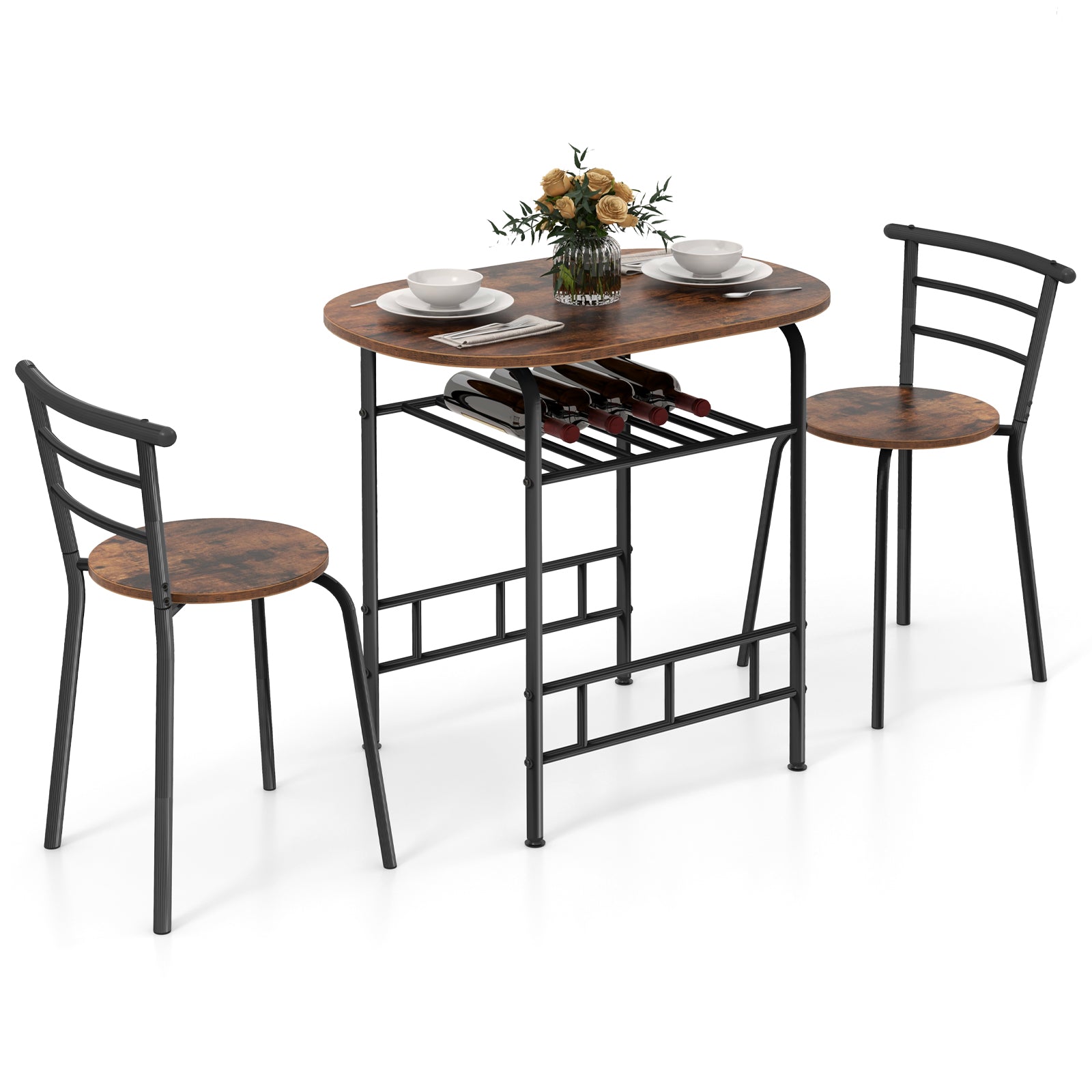 3-Piece Dining Table Set with Extra Wine Rack and Metal Frame-Rustic Brown