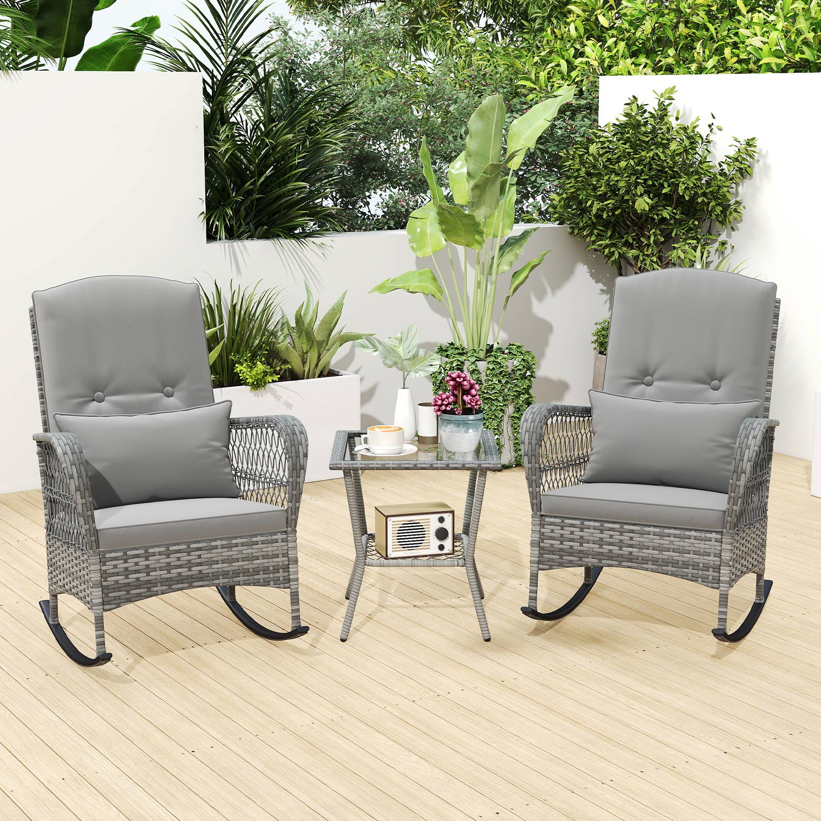 3 Piece Outdoor Rocking Chair Set with Cozy Cushions and Pillow-Grey
