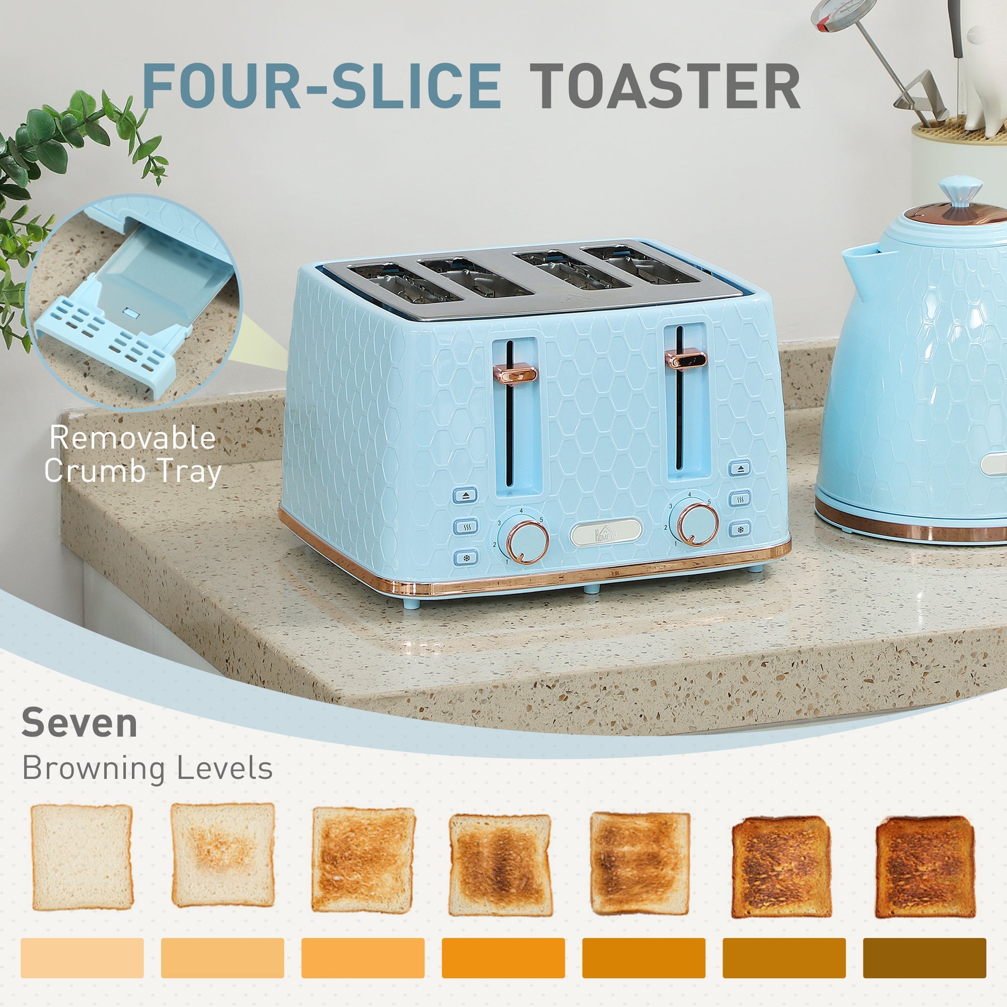HOMCOM Kettle and Toaster Set, 1.7L 3000W Fast Boil Jug Kettle, 4 Slice Toaster with 7 Level Browning Controls, Light Blue