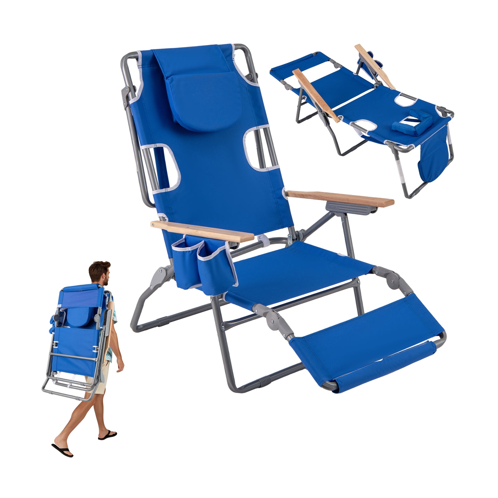 3-IN-1 Foldable Beach Chair Lay-Flat Tanning Chair with Face Hole-Navy