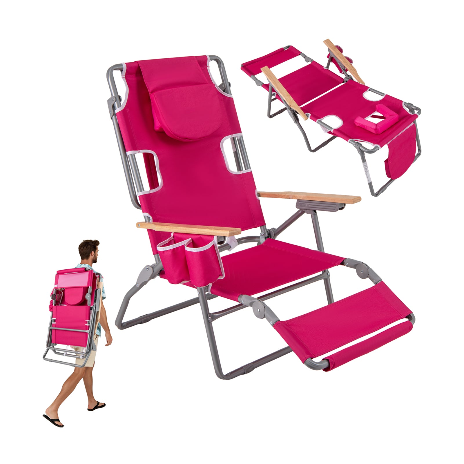 3-IN-1 Foldable Beach Chair Lay-Flat Tanning Chair with Face Hole-Pink