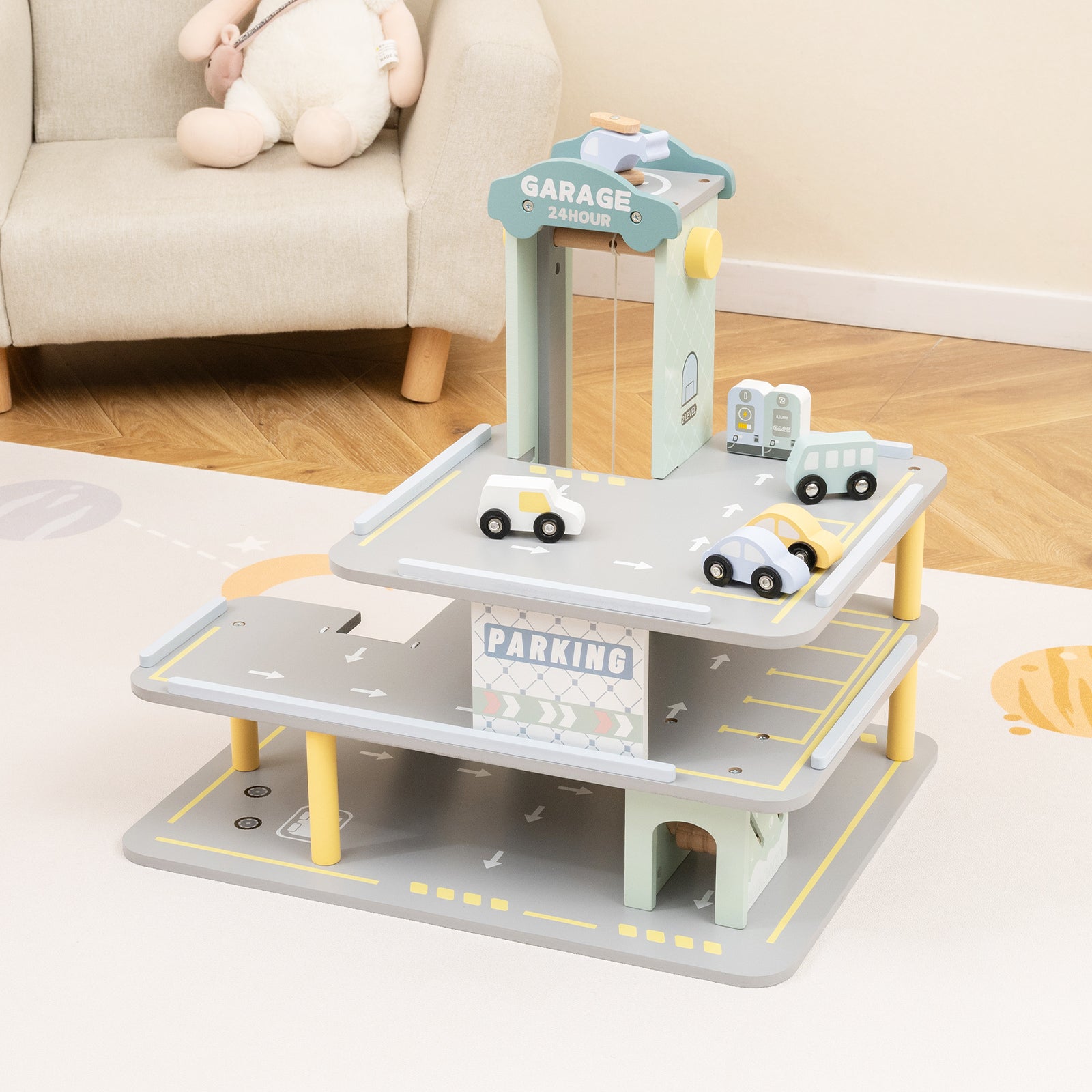 3-Layer Wooden Toy Garage with 4 Cars and Helicopter-Grey
