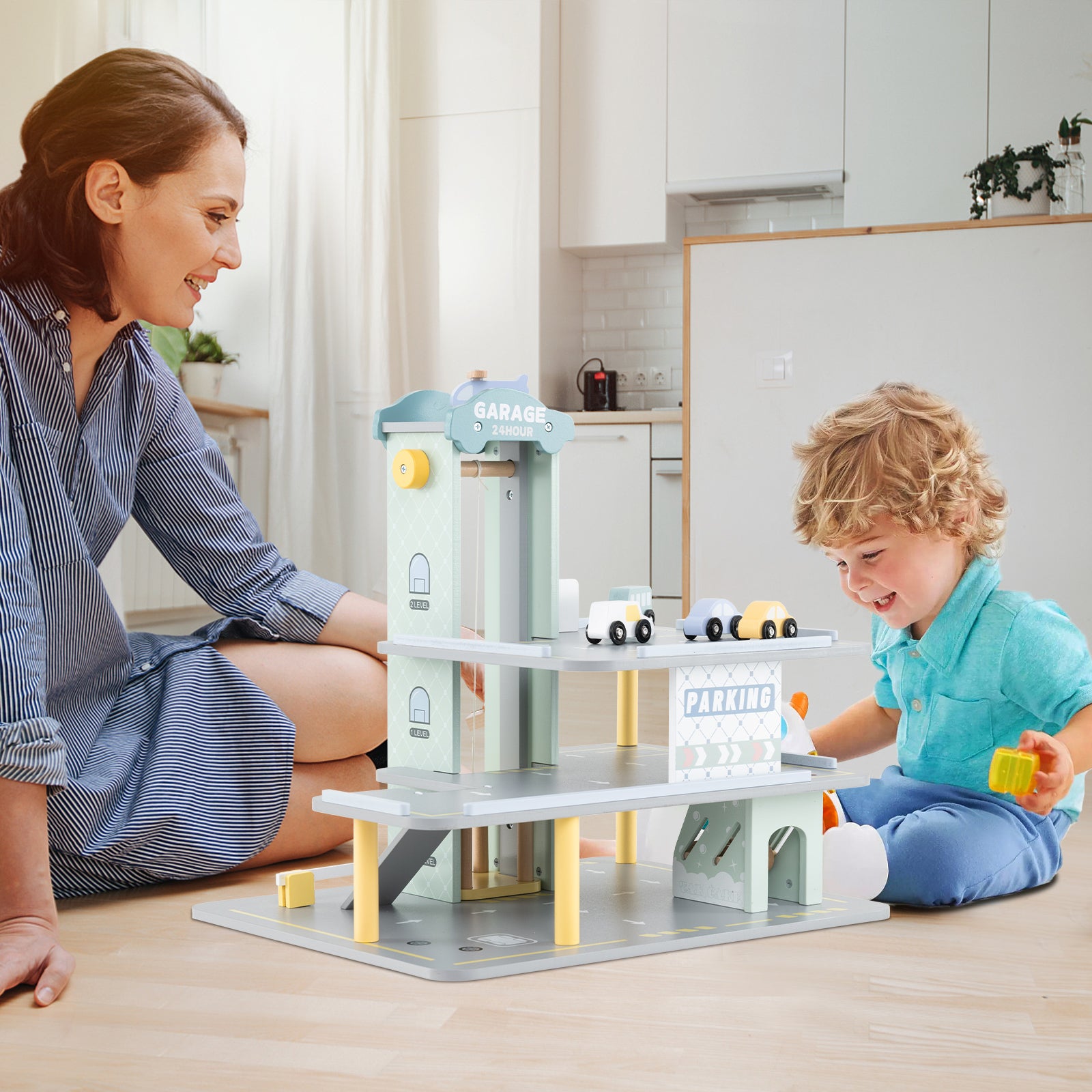 3-Layer Wooden Toy Garage with 4 Cars and Helicopter-Grey