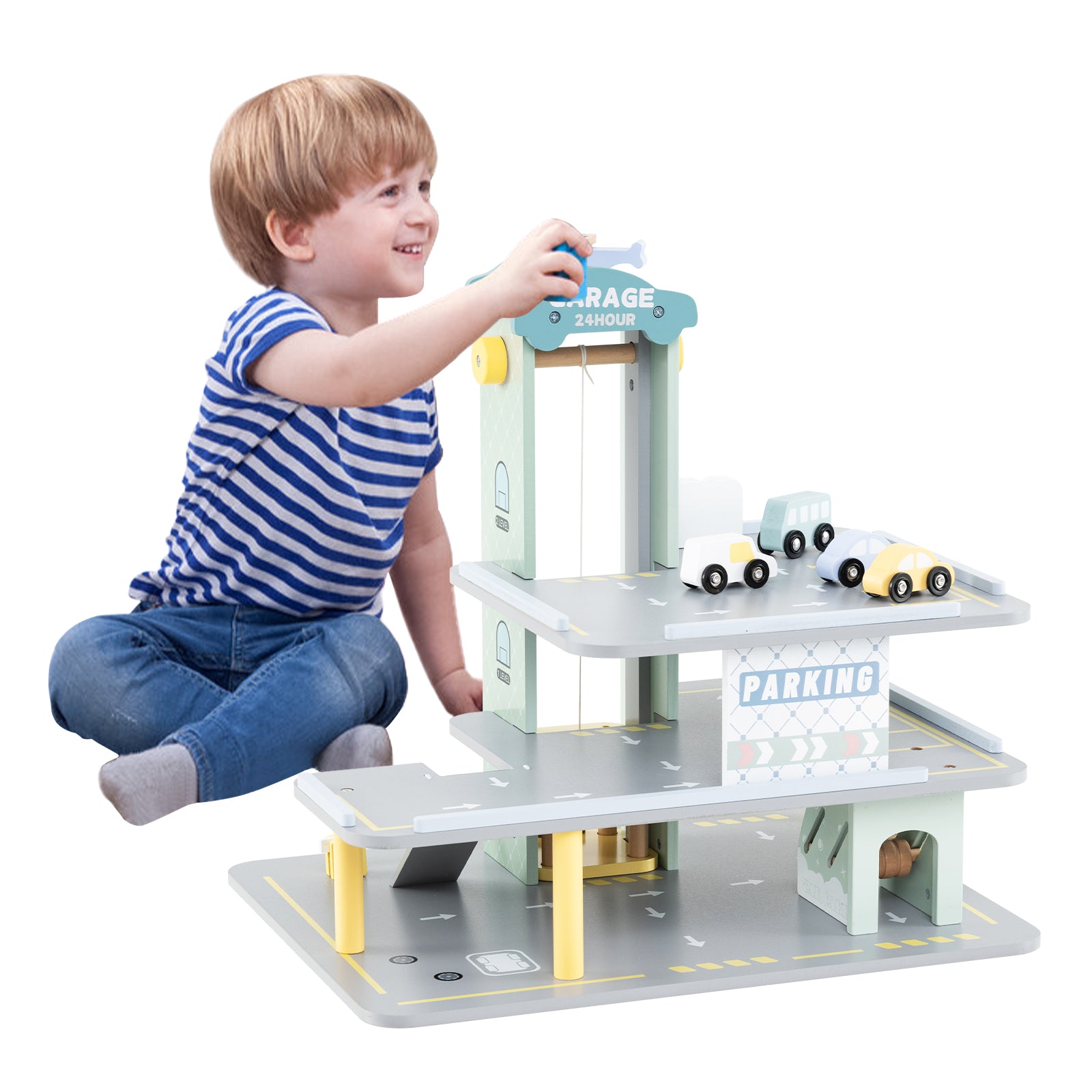 3-Layer Wooden Toy Garage with 4 Cars and Helicopter-Grey