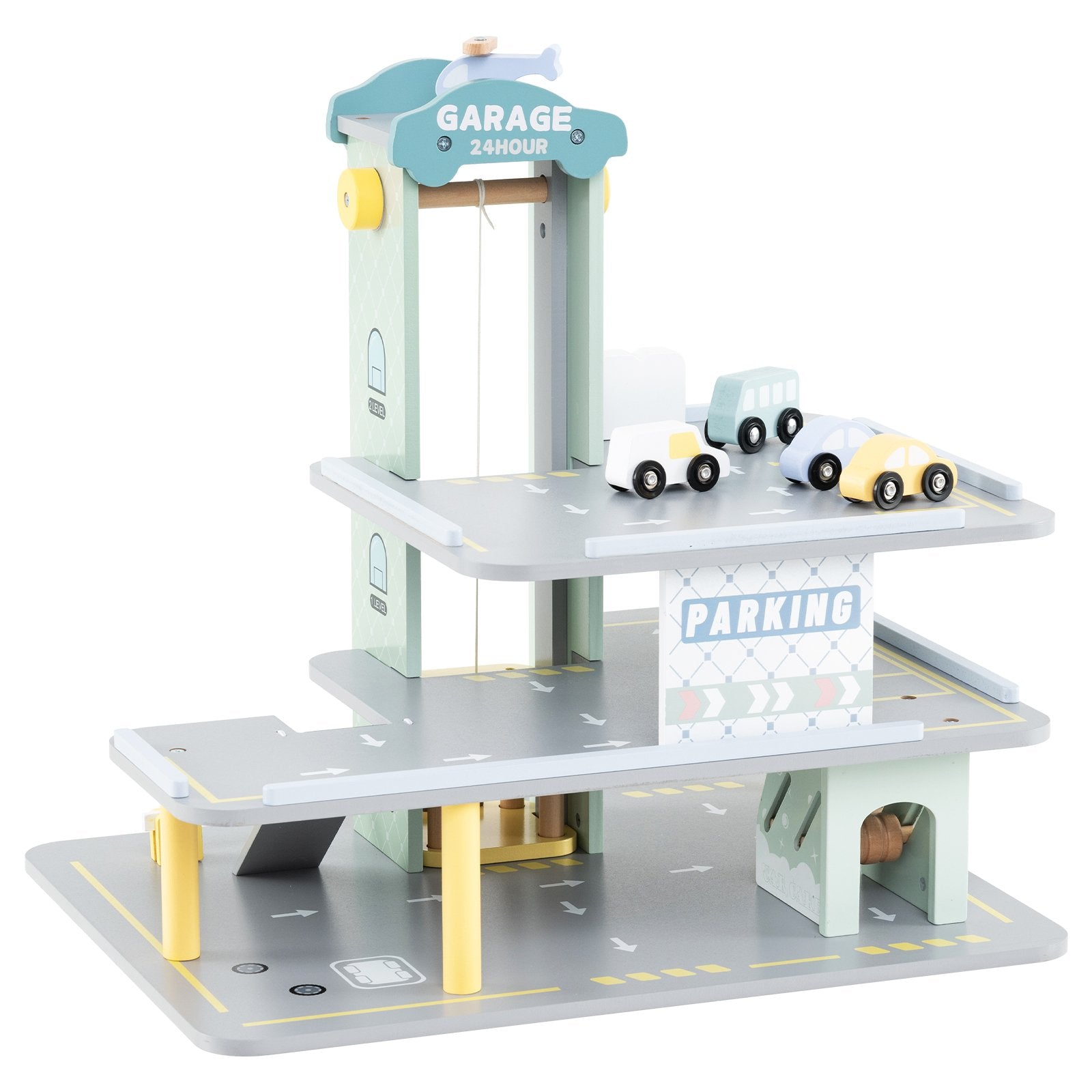 3-Layer Wooden Toy Garage with 4 Cars and Helicopter-Grey