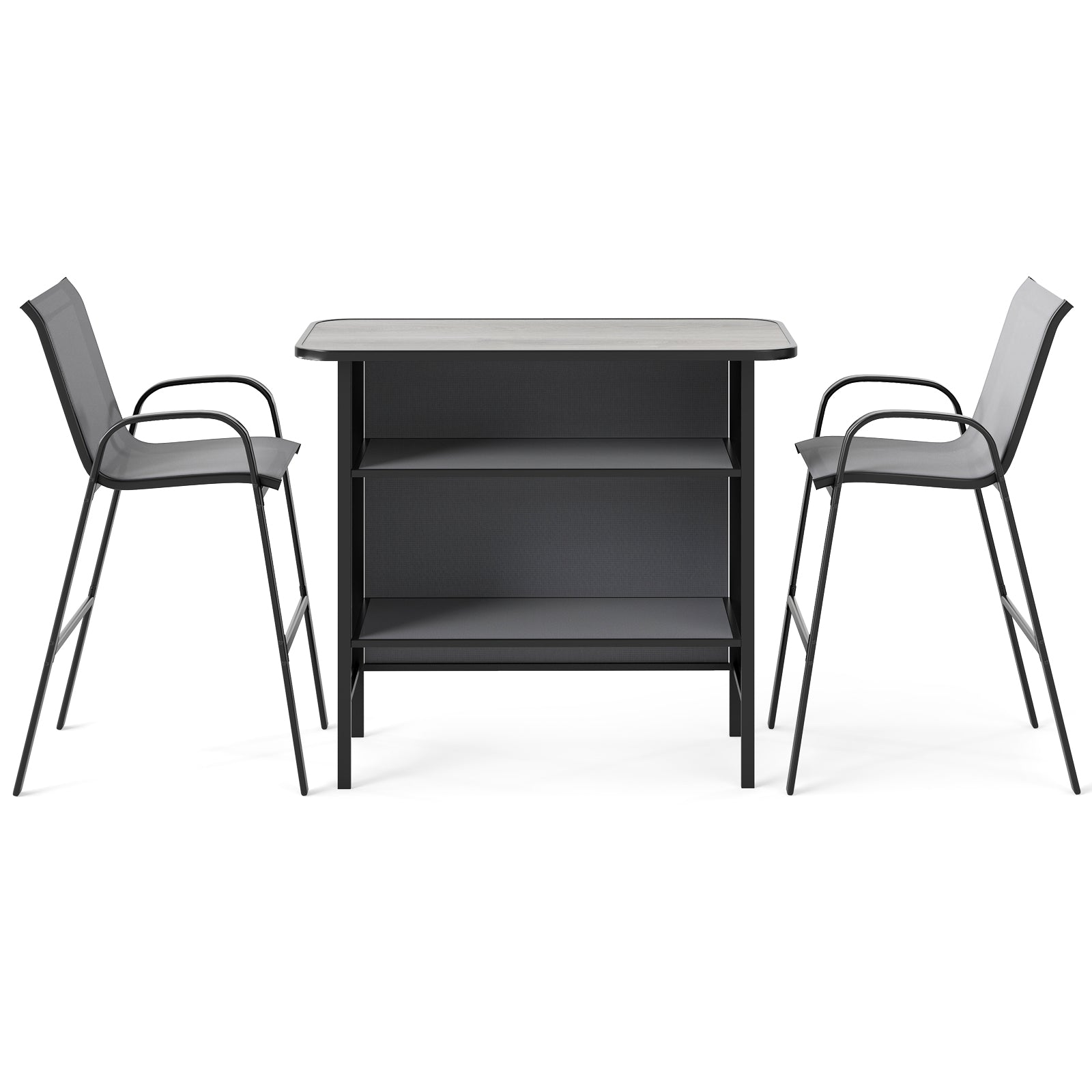 3 Piece Outdoor Bar Table and Chairs Set with Breathable Fabric-Grey