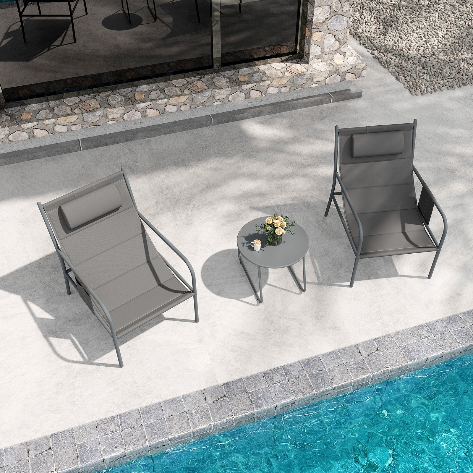 3 Piece Outdoor Bistro Set with Chair and Coffee Table Set-Grey