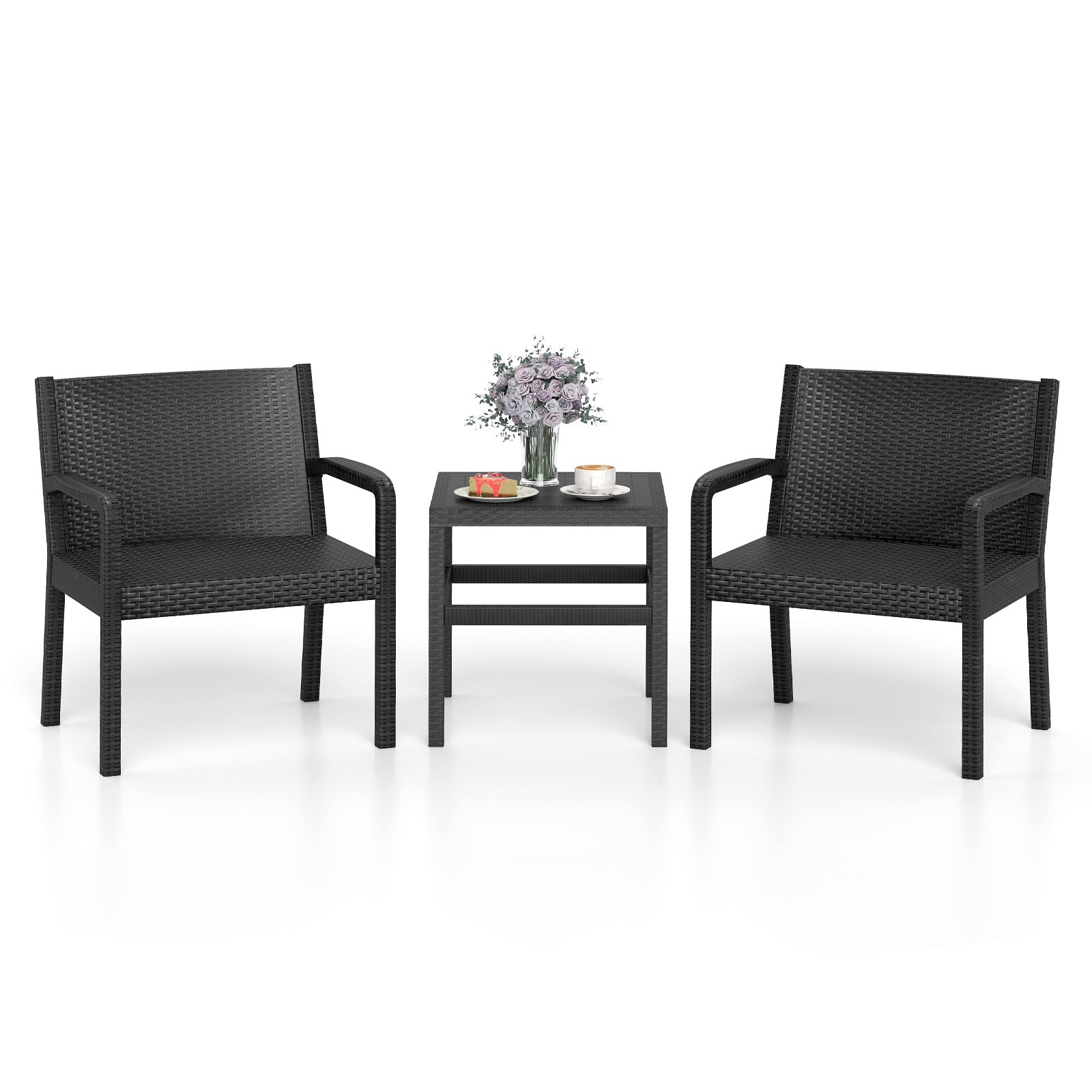 3 Piece Patio Furniture Set with 2 Modern Rattan Armchair and Squire Side Table-Black