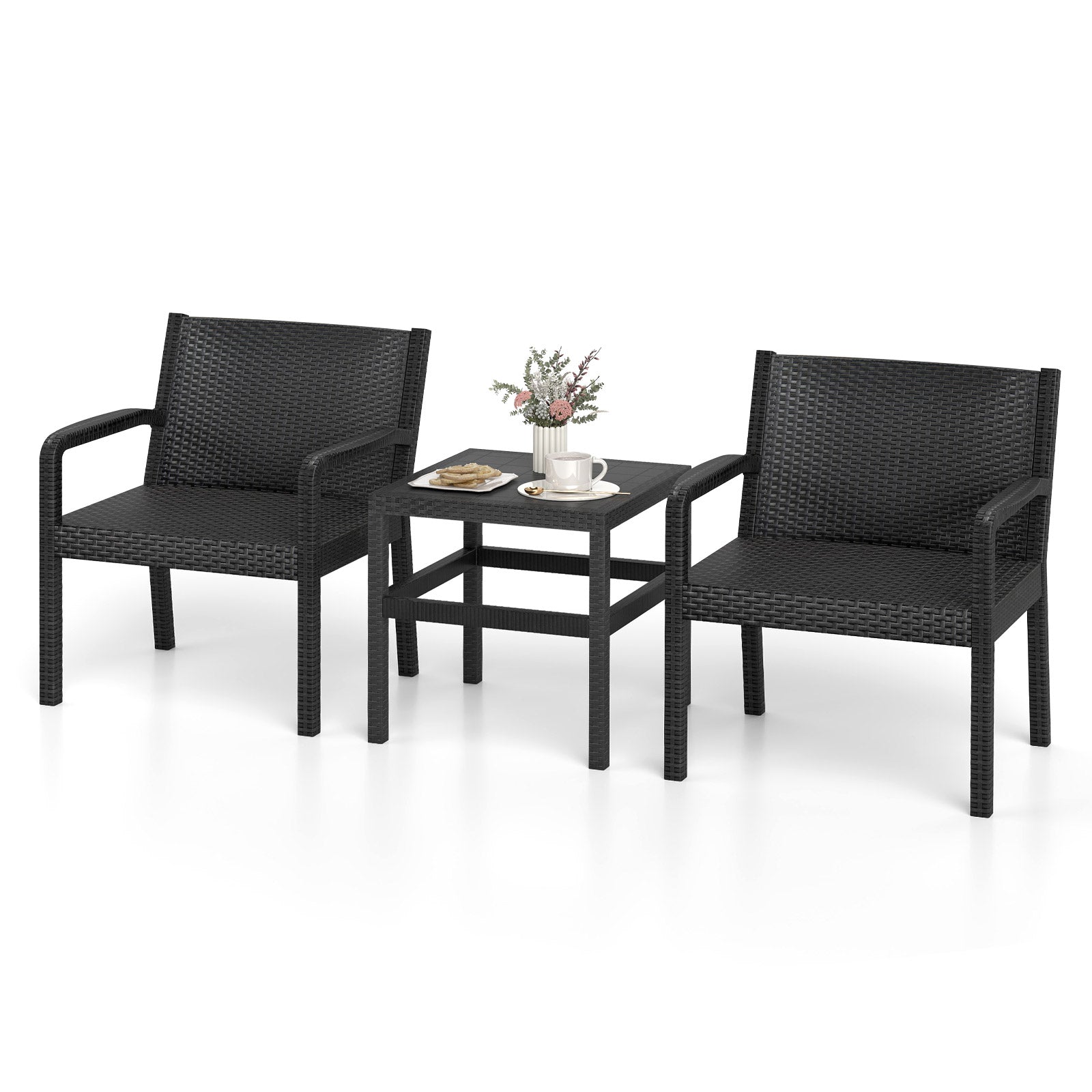3 Piece Patio Furniture Set with 2 Modern Rattan Armchair and Squire Side Table-Black