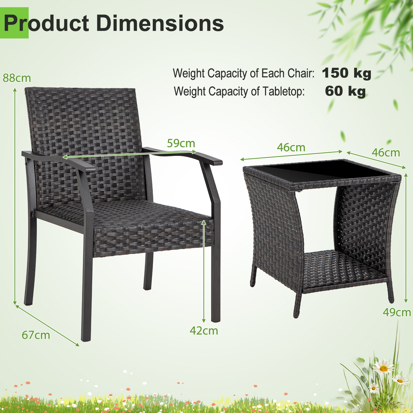 3 Piece Patio Wicker Chair Set with Cushioned Seat