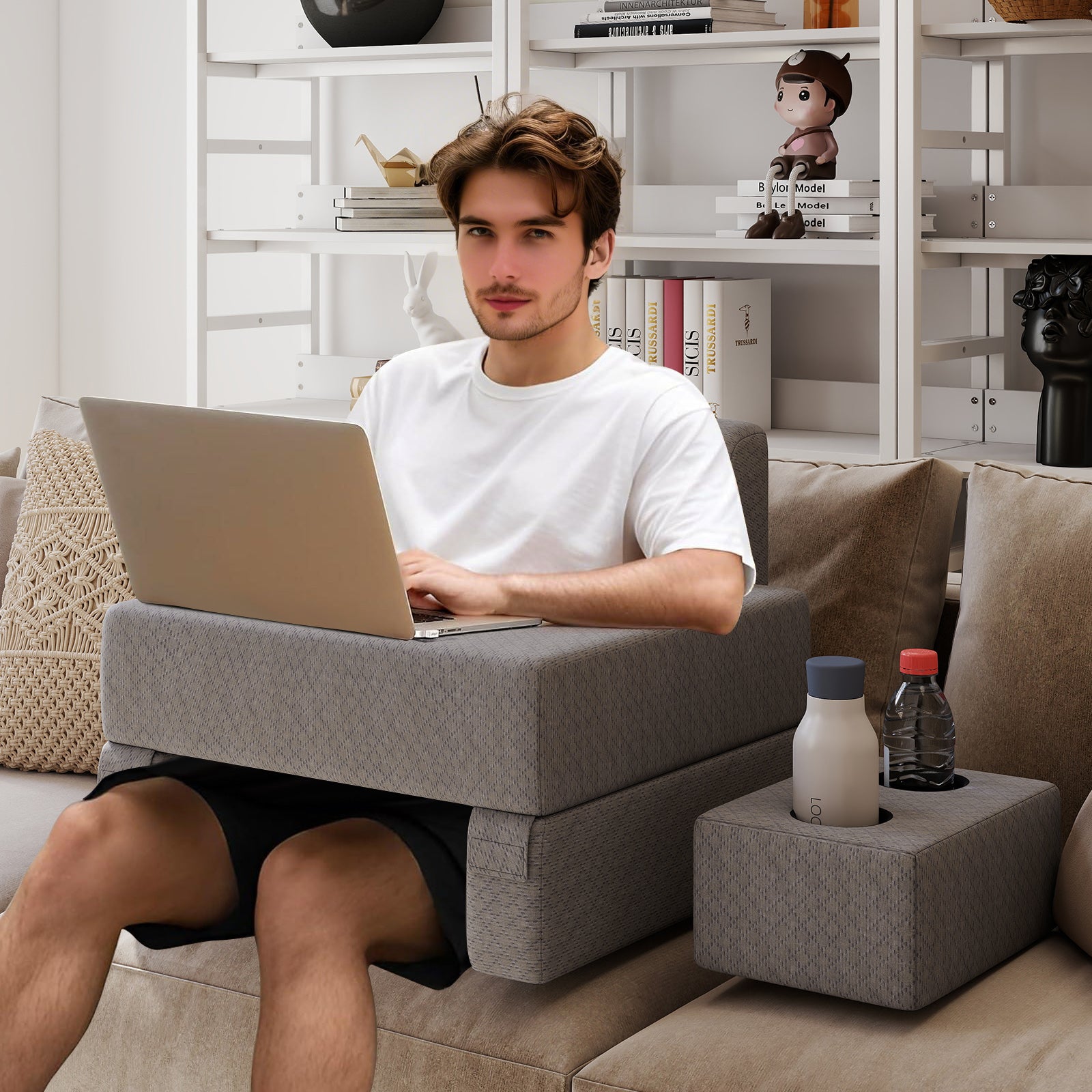 3-Piece Reading Pillow Set with Coaster Back Cushion and Storage Pocket-Grey