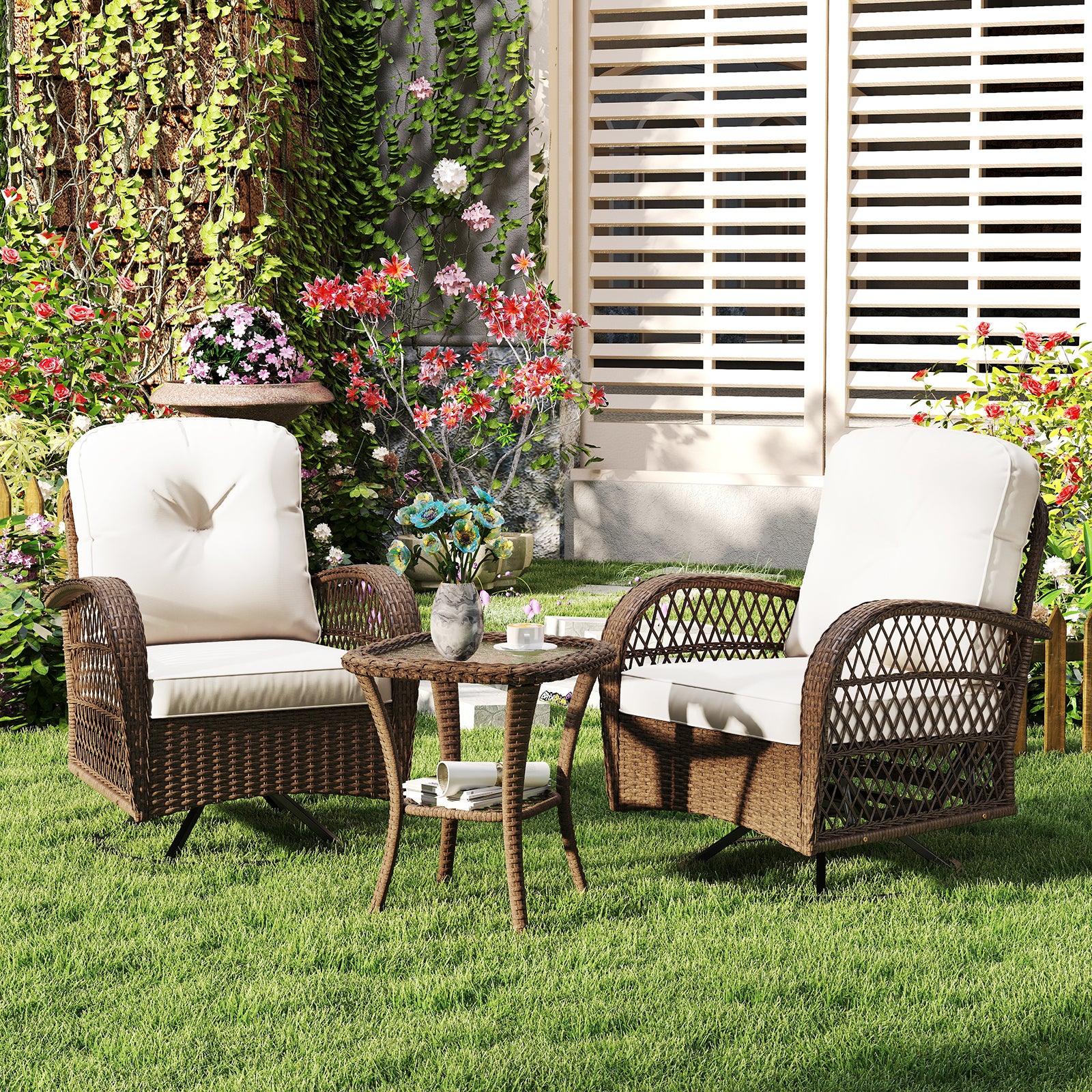 3 Pieces Outdoor Patio Furniture Set with Table and 2 Swivel Rocking Chairs-White