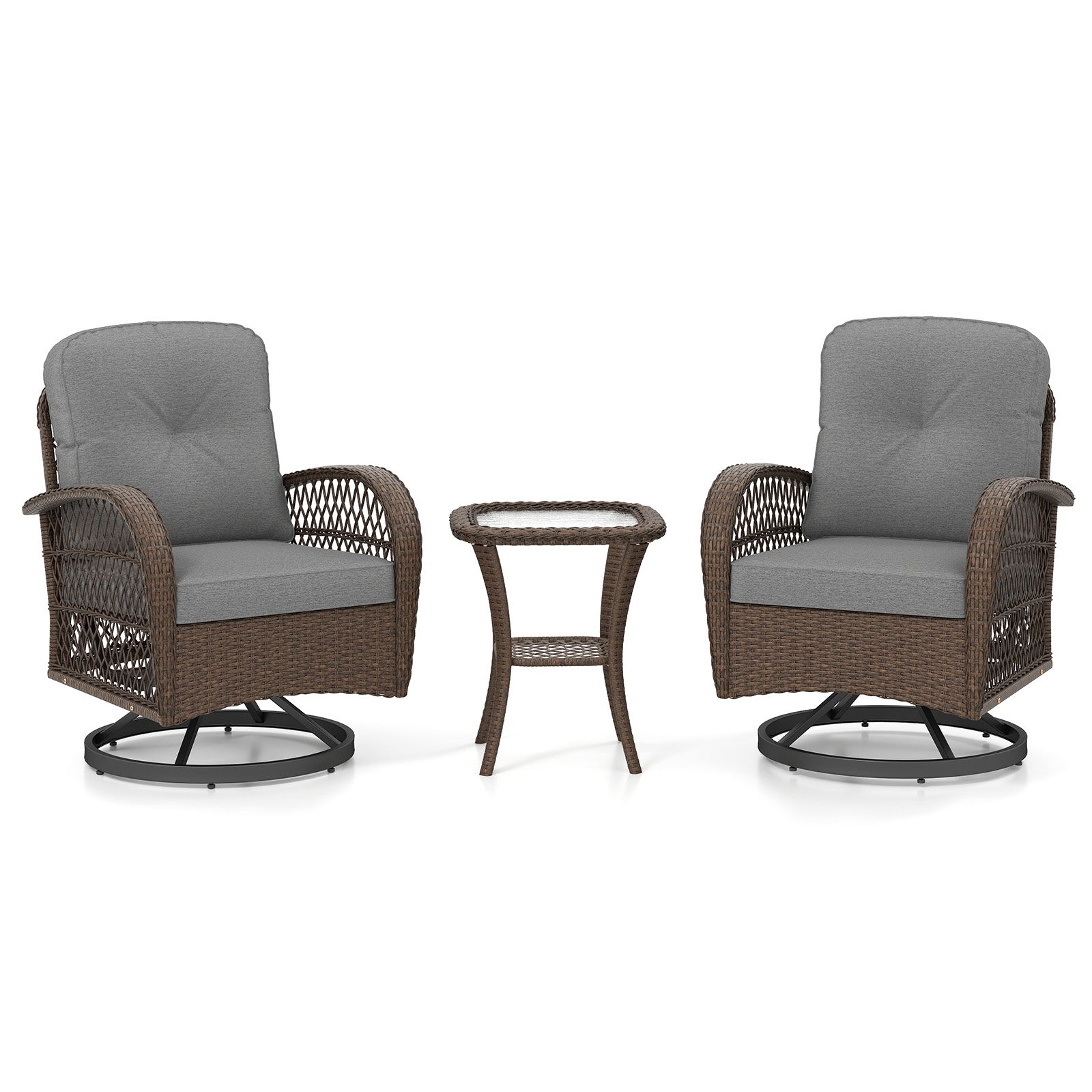 3 Pieces Outdoor Patio Furniture Set with Table and 2 Swivel Rocking Chairs-Grey