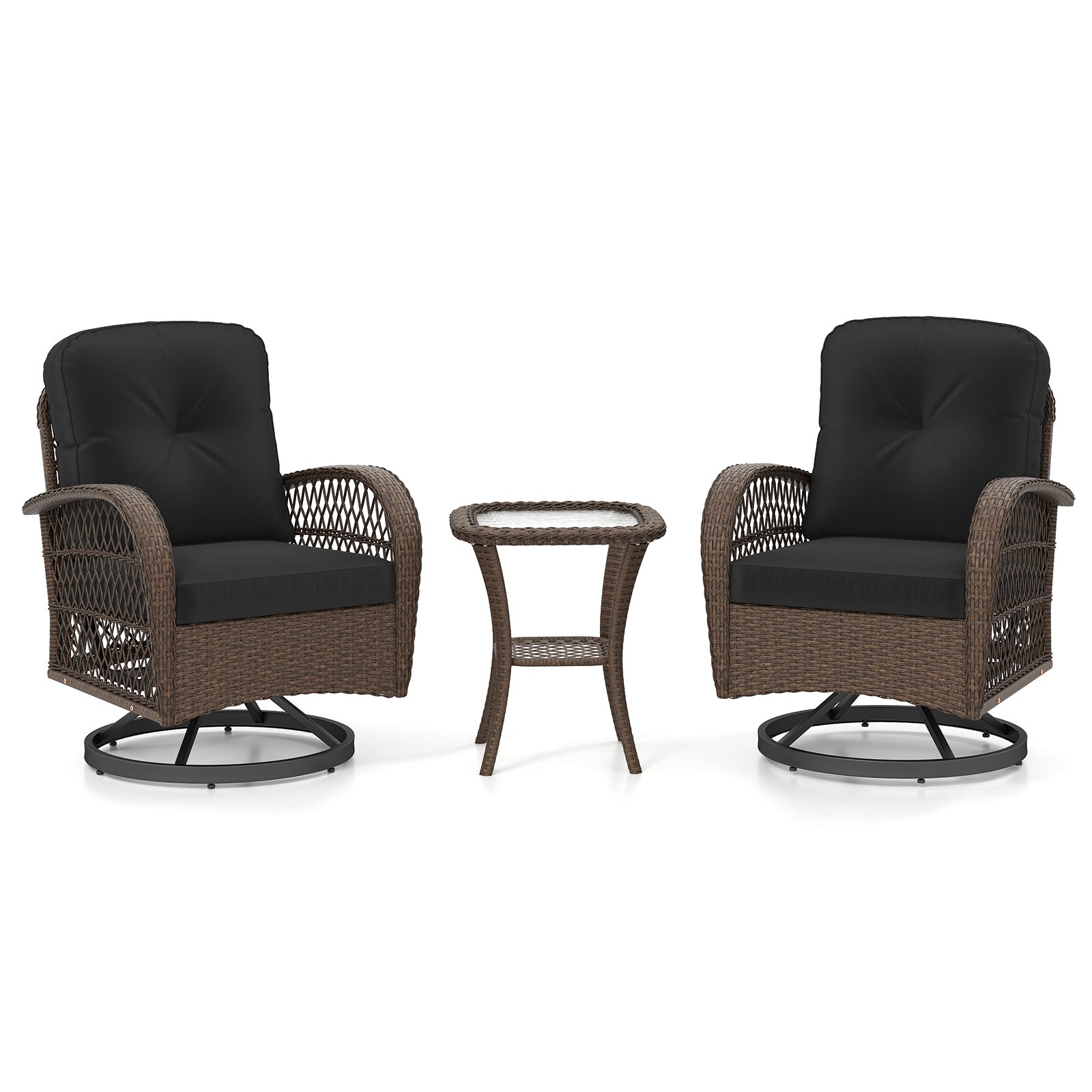 3 Pieces Outdoor Patio Furniture Set with Table and 2 Swivel Rocking Chairs-Black