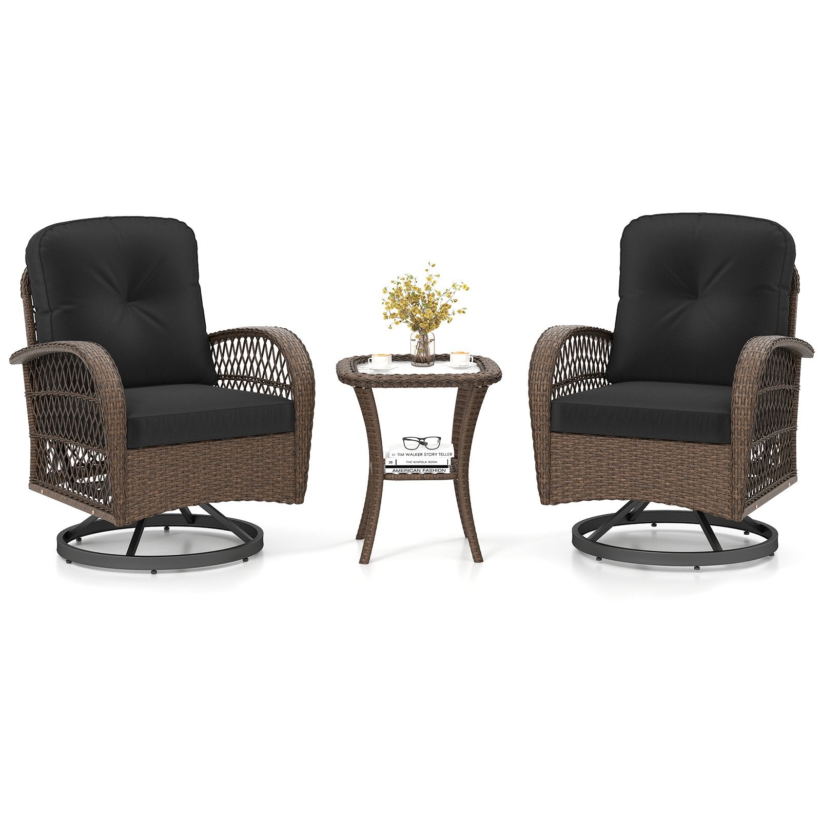 3 Pieces Outdoor Patio Furniture Set with Table and 2 Swivel Rocking Chairs-Black