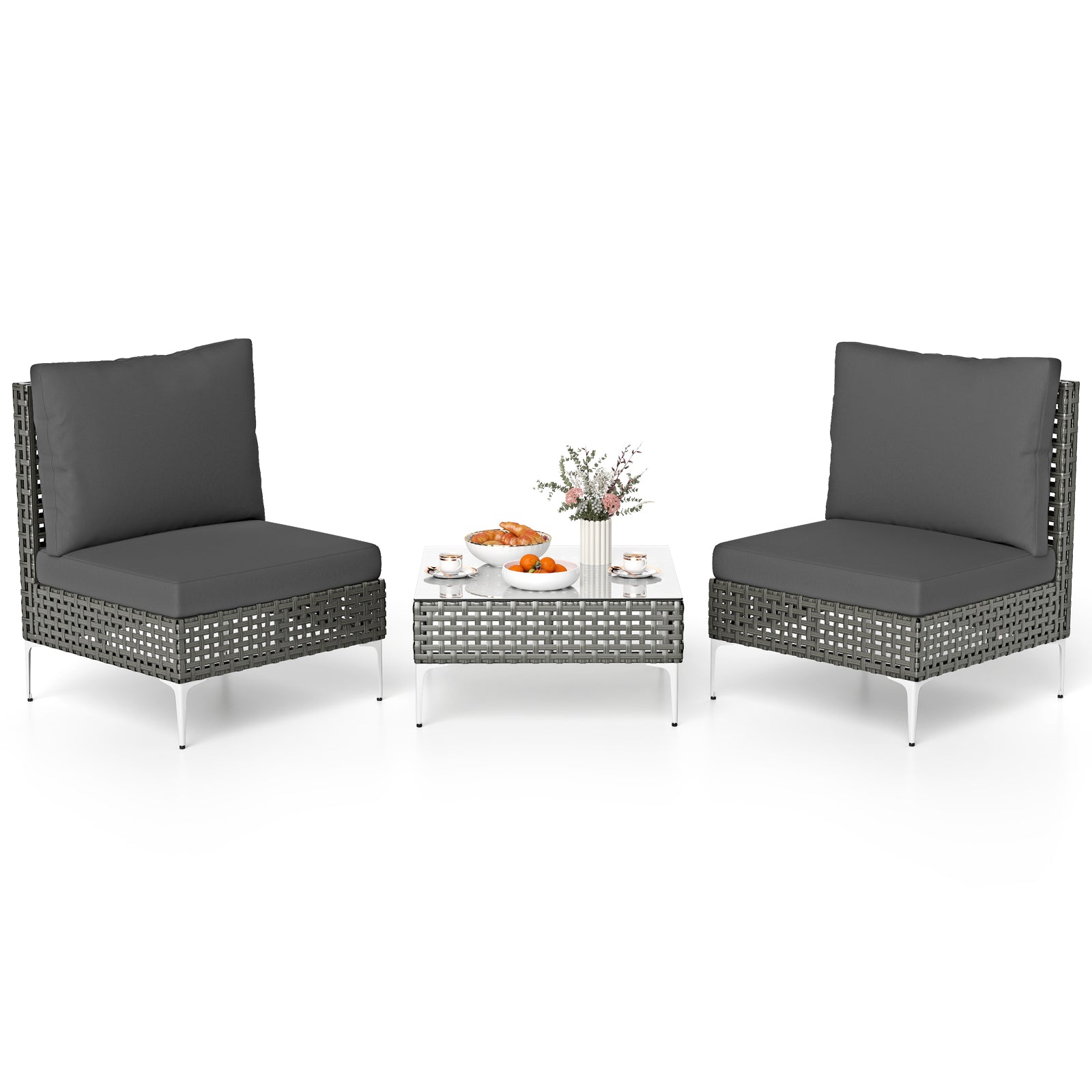 3 Pieces PE Rattan Conversation Chairs with Tempered Glass Coffee Table for Garden Porch-Grey