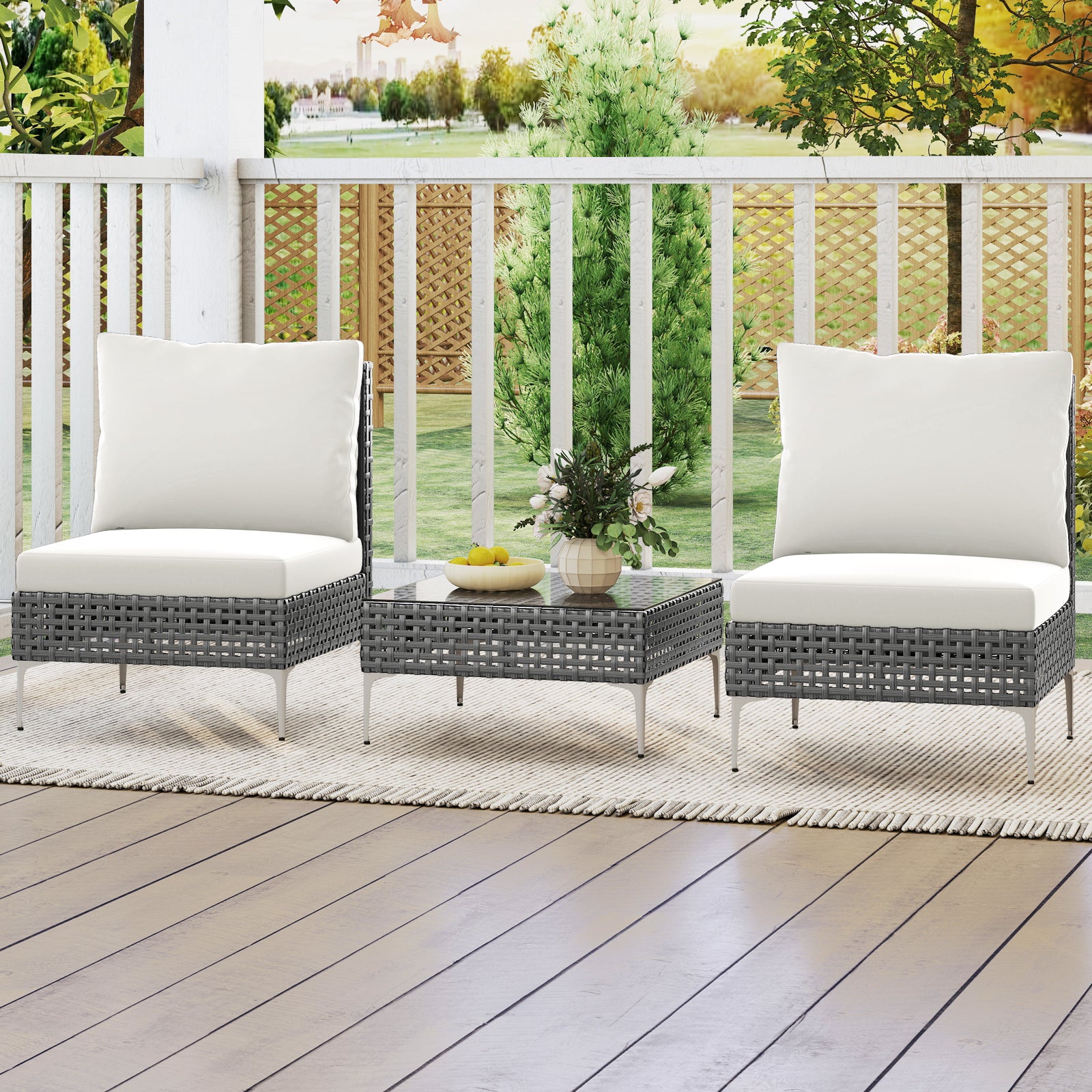 3 Pieces PE Rattan Conversation Chairs with Tempered Glass Coffee Table for Garden Porch-White
