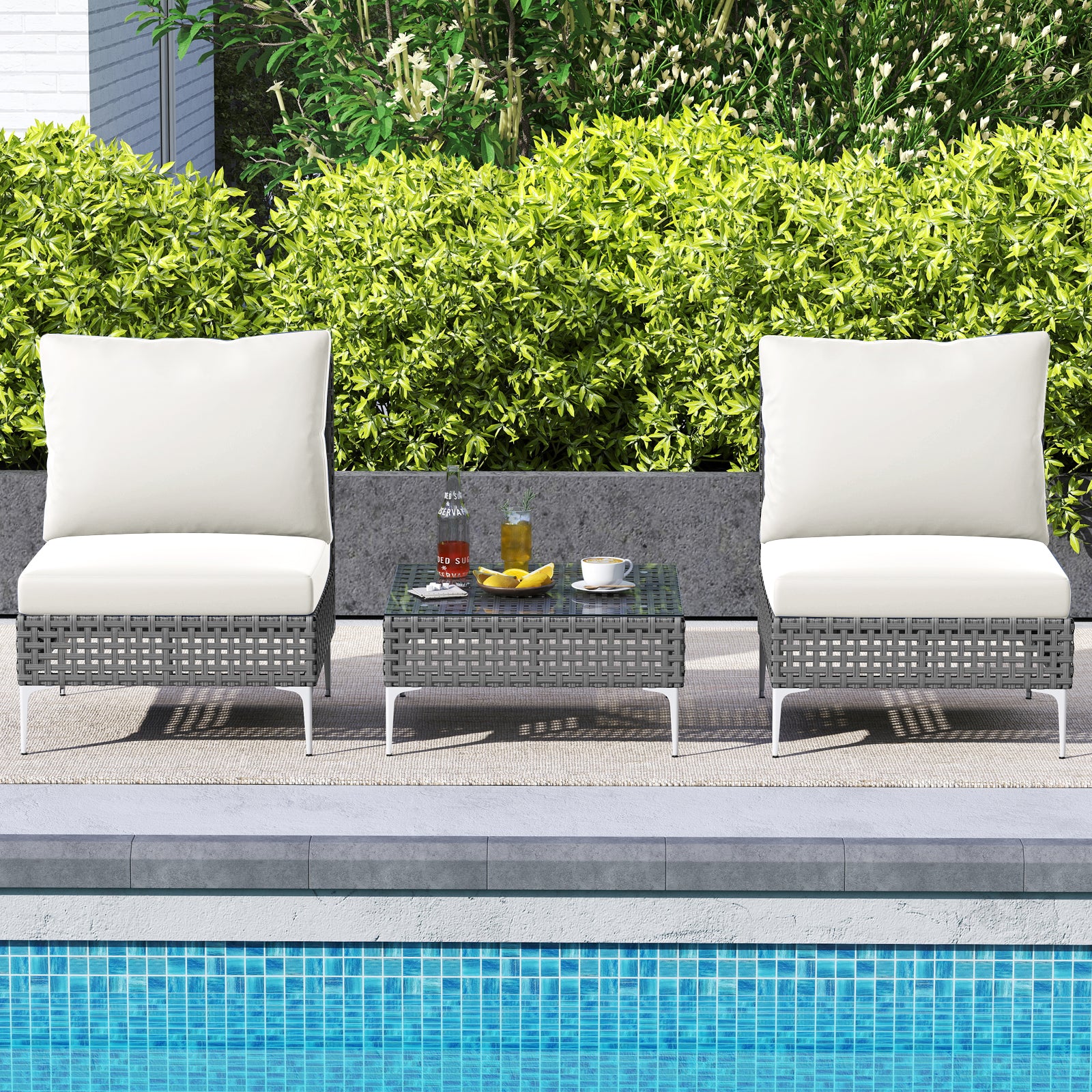 3 Pieces PE Rattan Conversation Chairs with Tempered Glass Coffee Table for Garden Porch-White