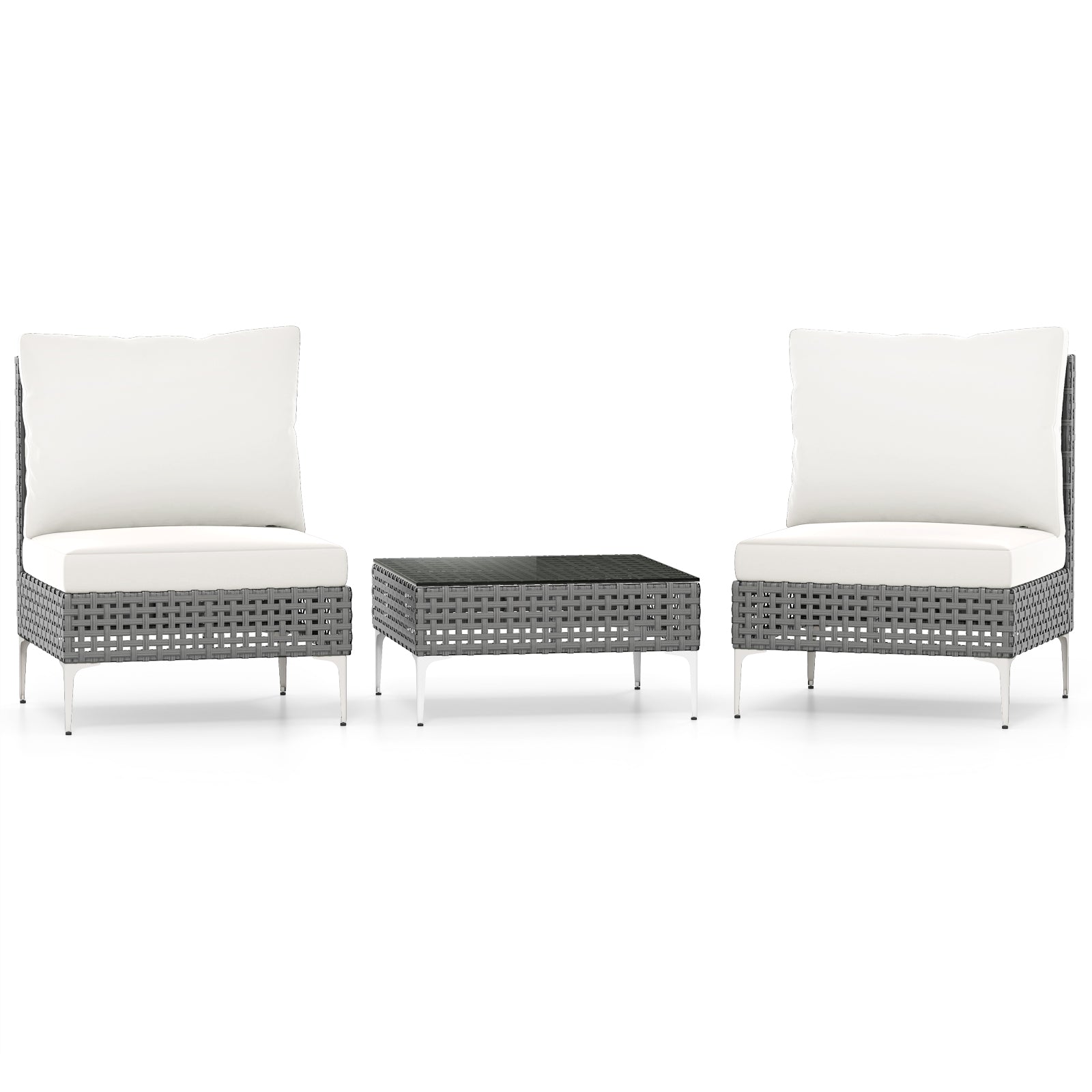 3 Pieces PE Rattan Conversation Chairs with Tempered Glass Coffee Table for Garden Porch-White