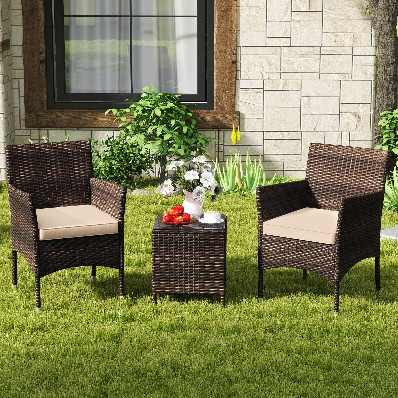 3 Pieces Patio Rattan Furniture Set with Soft Cushions and Glass Top Table-Beige