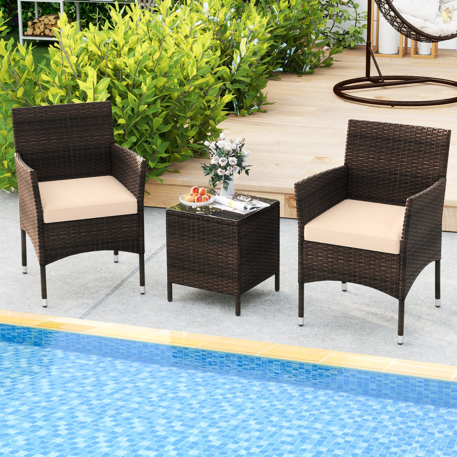 3 Pieces Patio Rattan Furniture Set with Soft Cushions and Glass Top Table-Beige