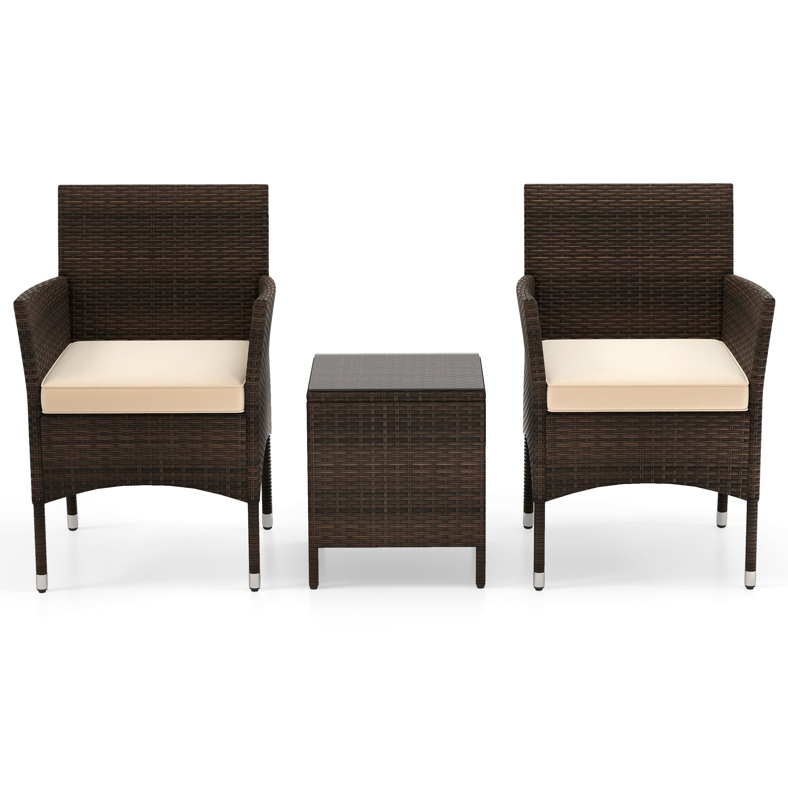 3 Pieces Patio Rattan Furniture Set with Soft Cushions and Glass Top Table-Beige