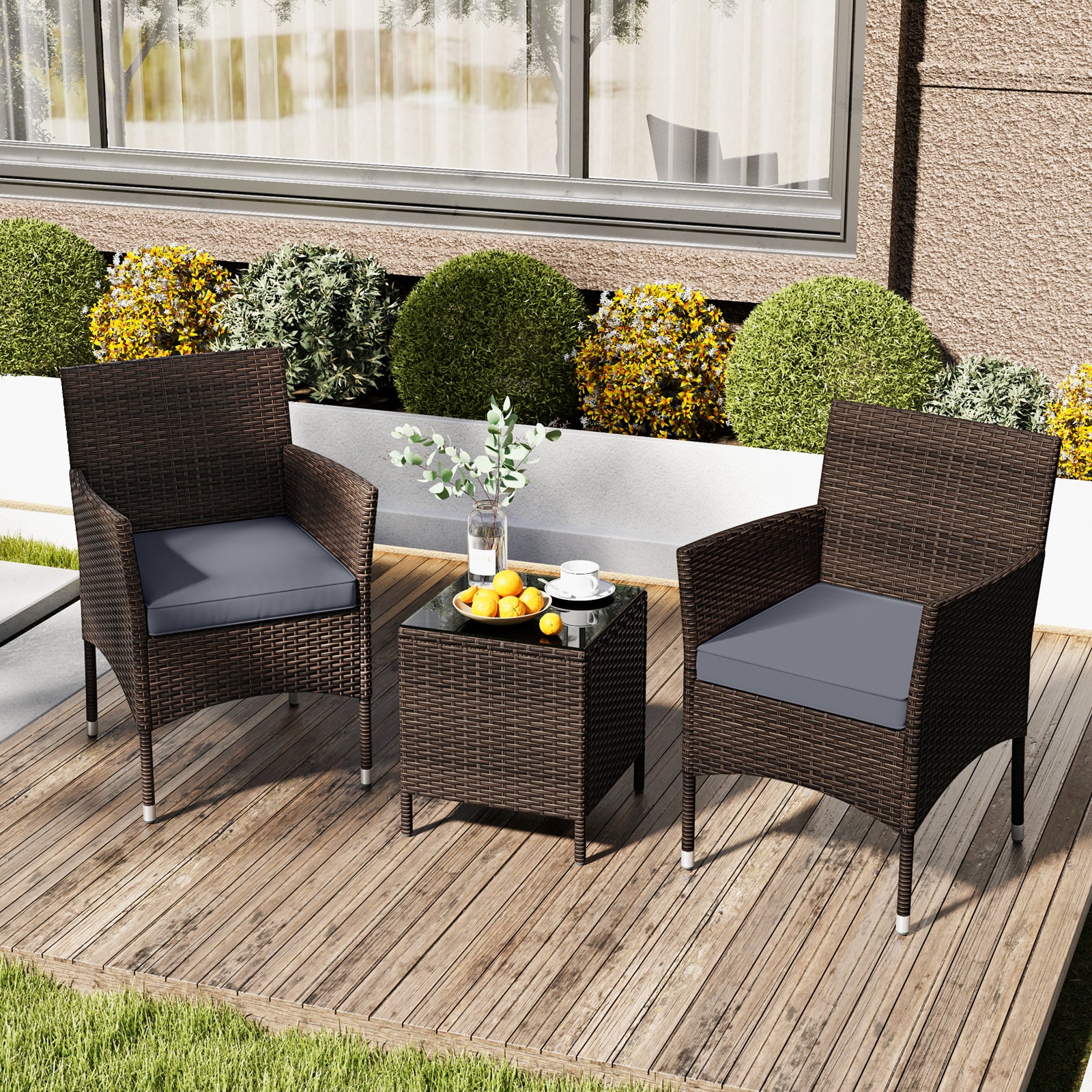 3 Pieces Patio Rattan Furniture Set with Soft Cushions and Glass Top Table-Grey