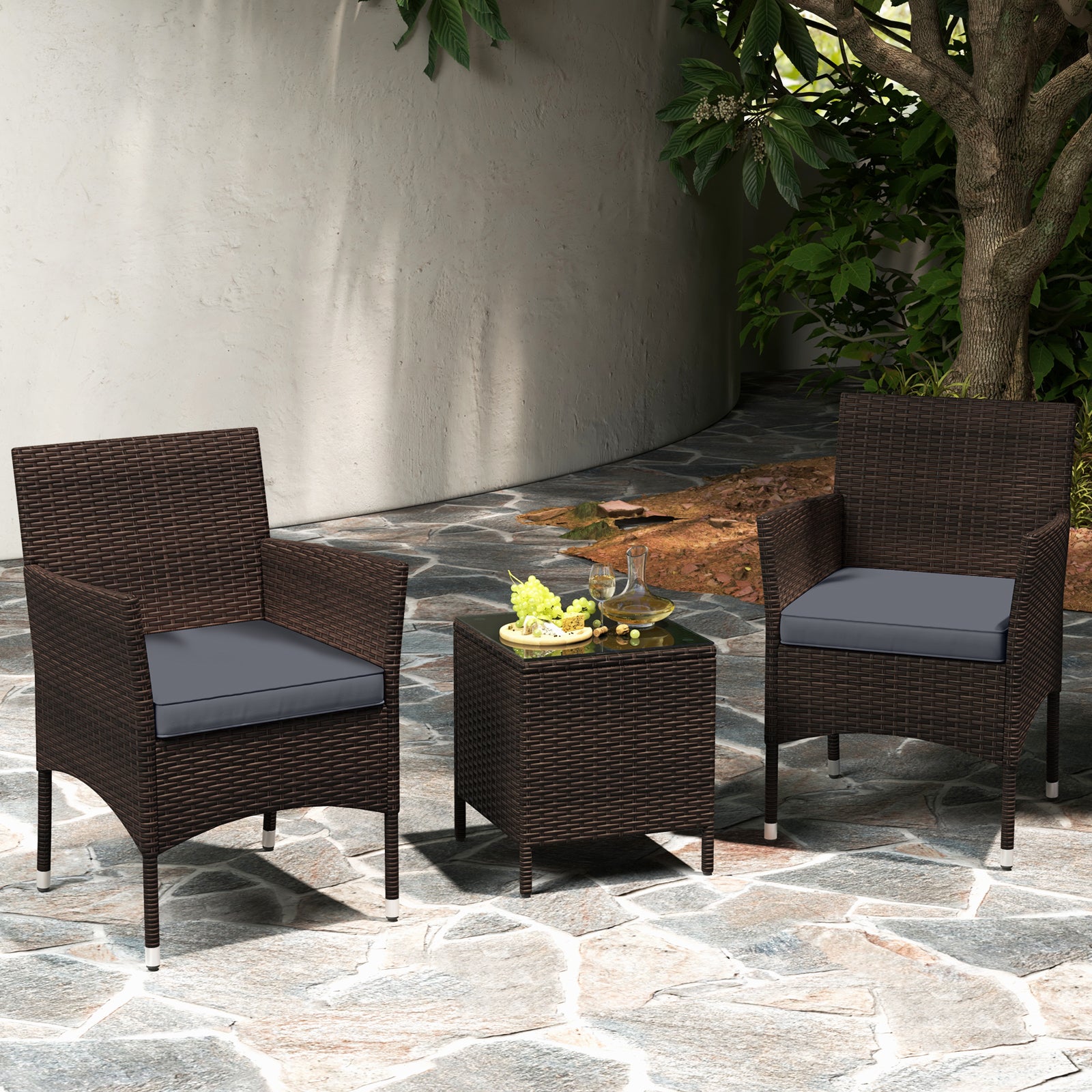 3 Pieces Patio Rattan Furniture Set with Soft Cushions and Glass Top Table-Grey