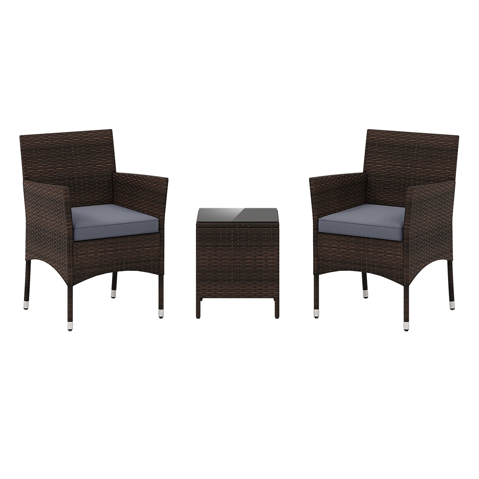 3 Pieces Patio Rattan Furniture Set with Soft Cushions and Glass Top Table-Grey