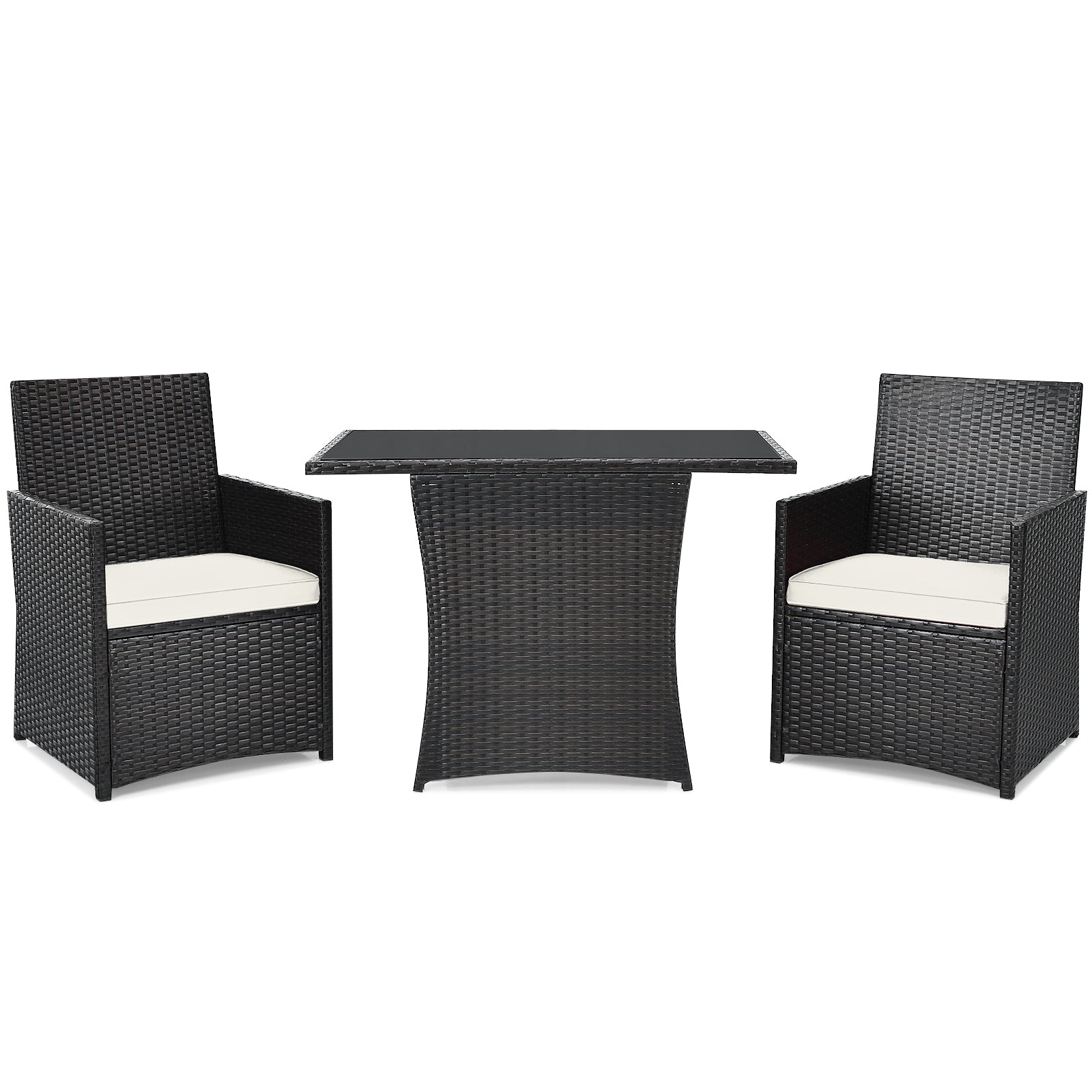3 Pieces Patio PE Wicker Set with Tempered Coffee Table-White