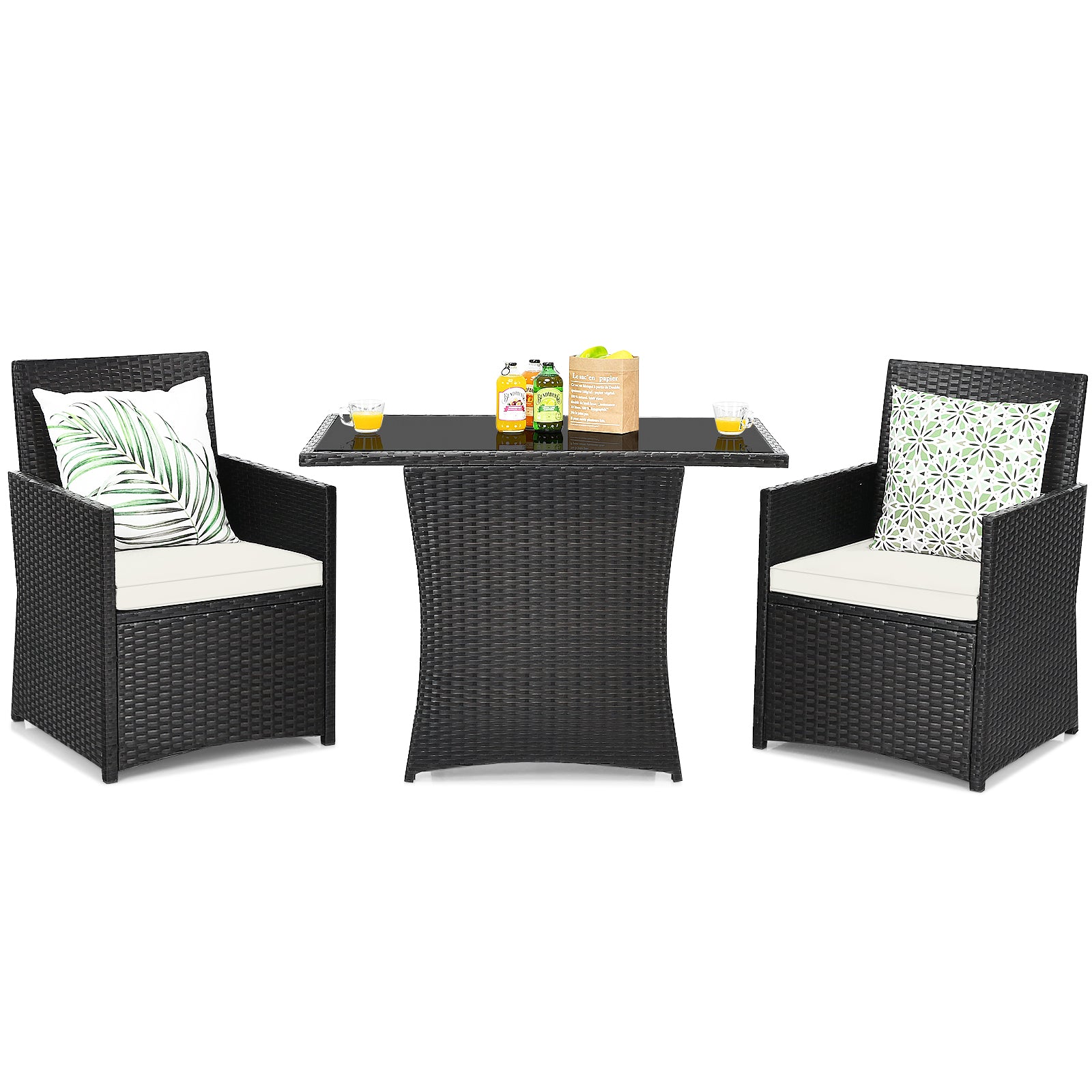 3 Pieces Patio PE Wicker Set with Tempered Coffee Table-White