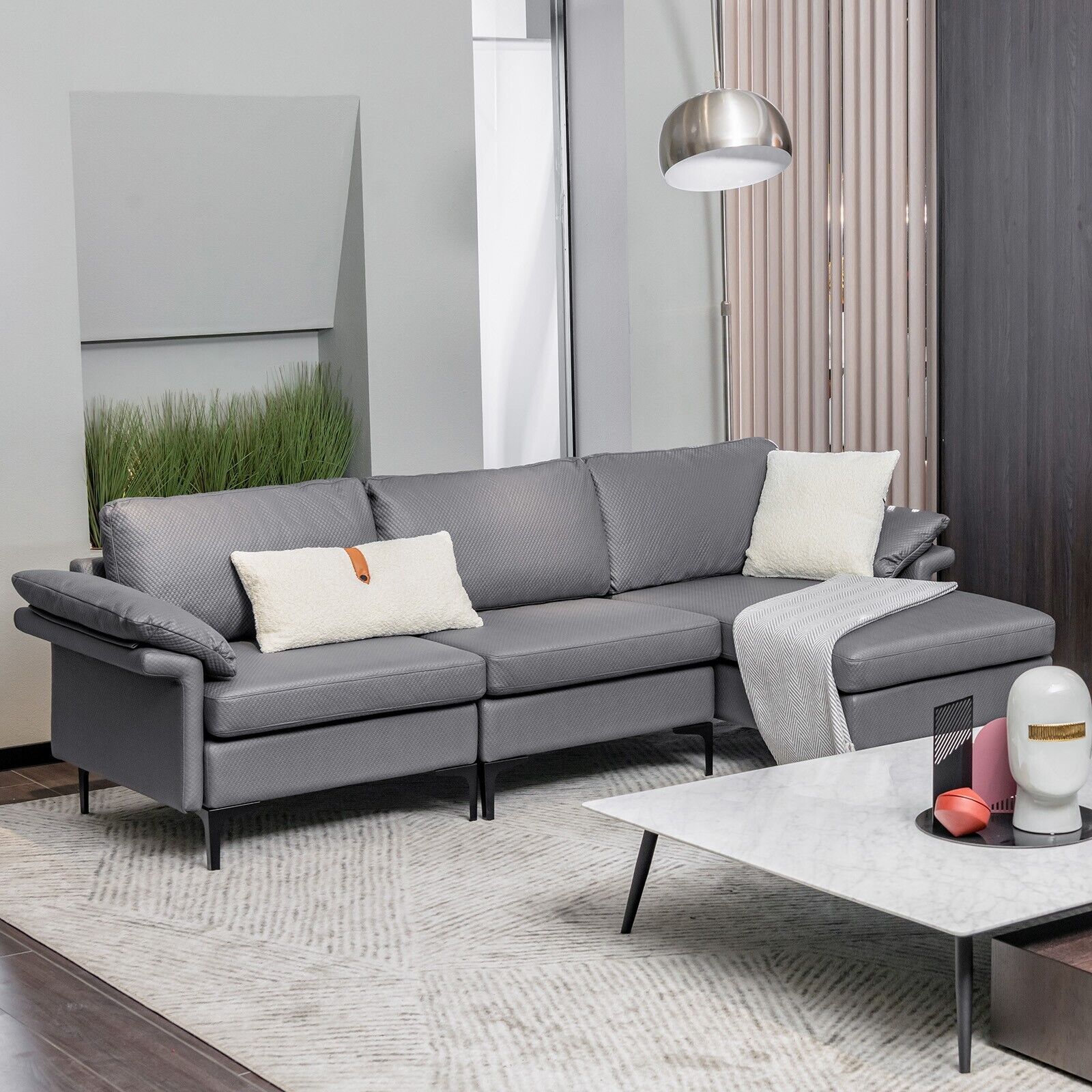L-shaped 3-Seat Upholstered Sectional Sofa-Grey
