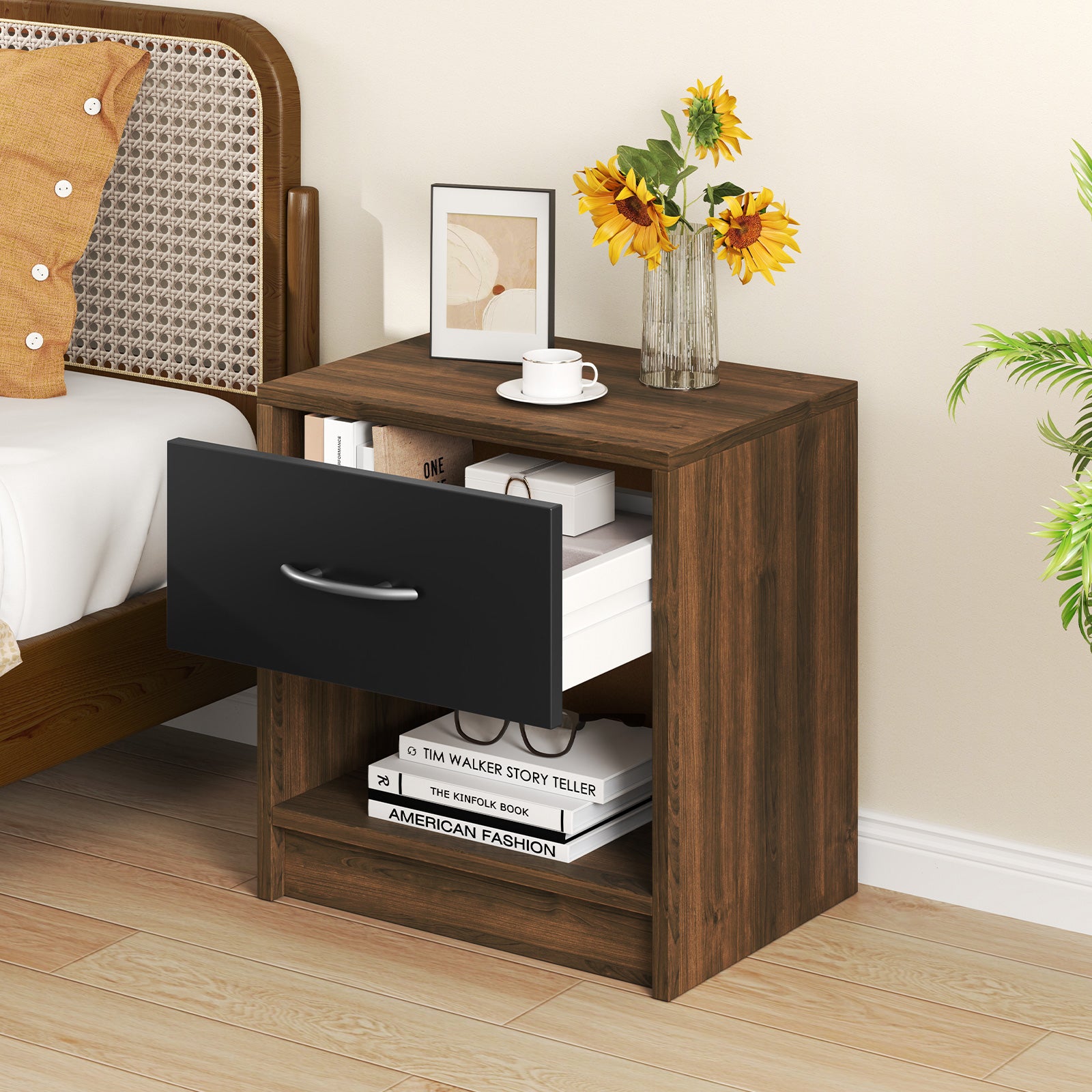 3-Tier Nightstand with Drawer and Open Storage Shelf for Small Spaces-Black &amp; Brown