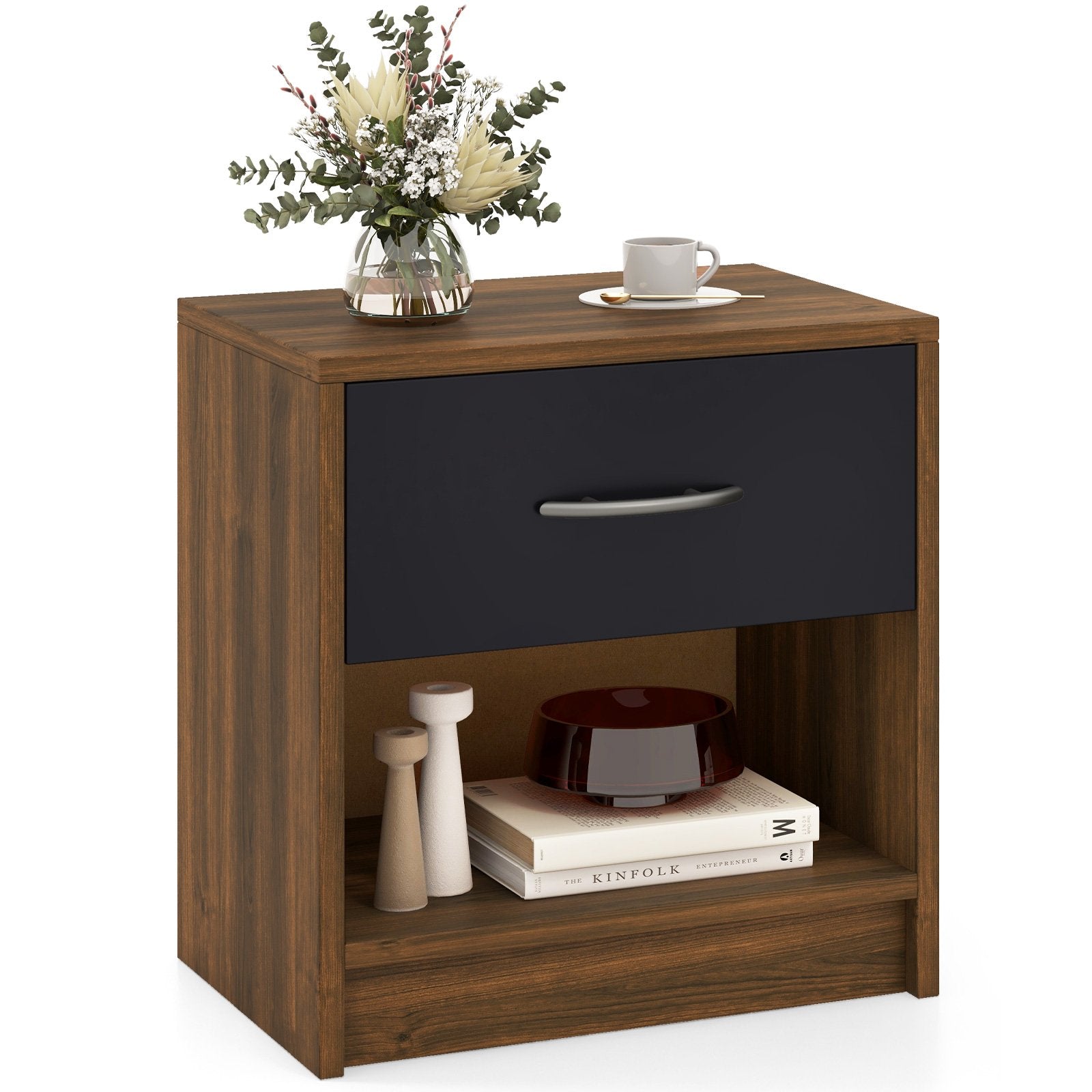 3-Tier Nightstand with Drawer and Open Storage Shelf for Small Spaces-Black &amp; Brown