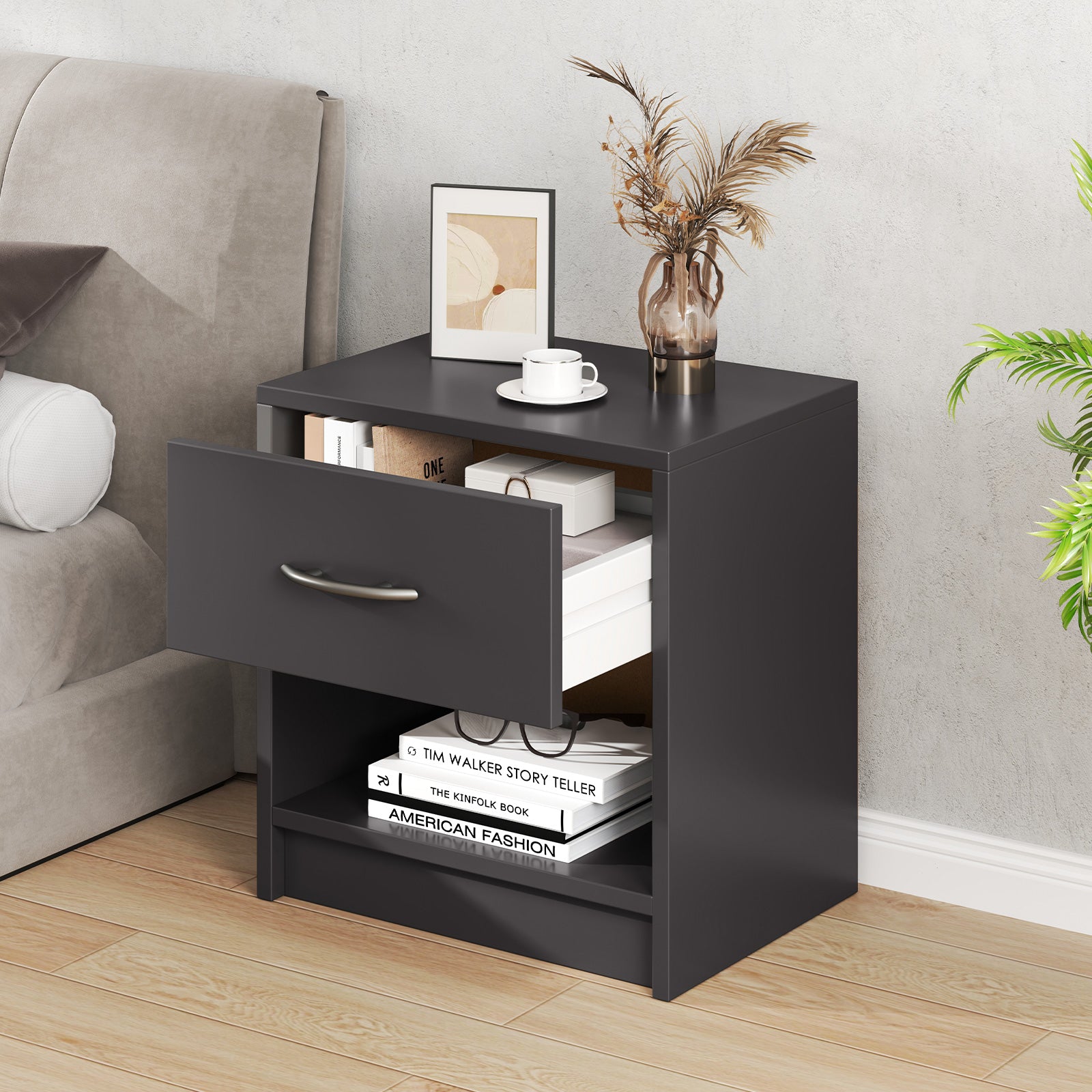 3-Tier Nightstand with Drawer and Open Storage Shelf for Small Spaces-Dark Grey