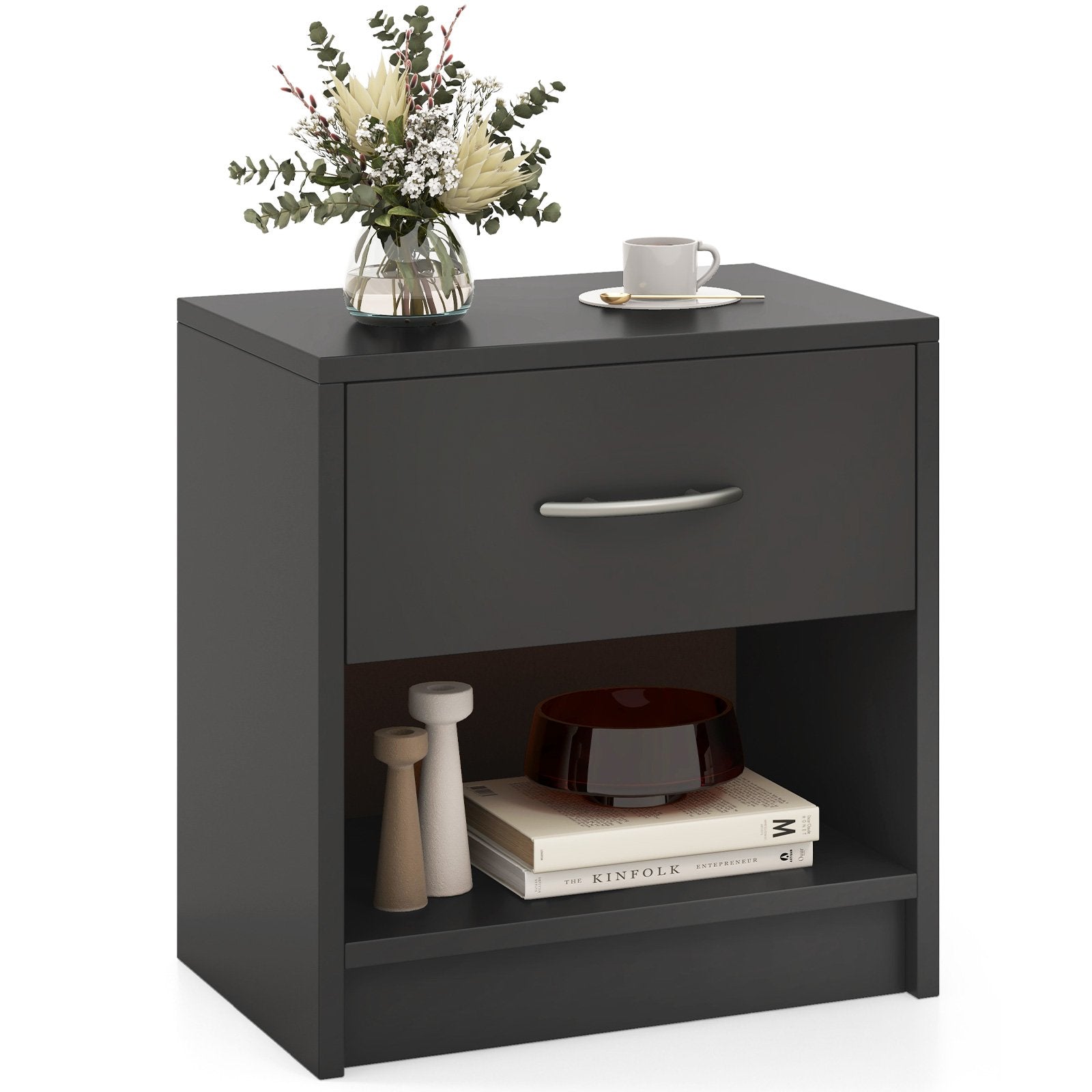 3-Tier Nightstand with Drawer and Open Storage Shelf for Small Spaces-Dark Grey