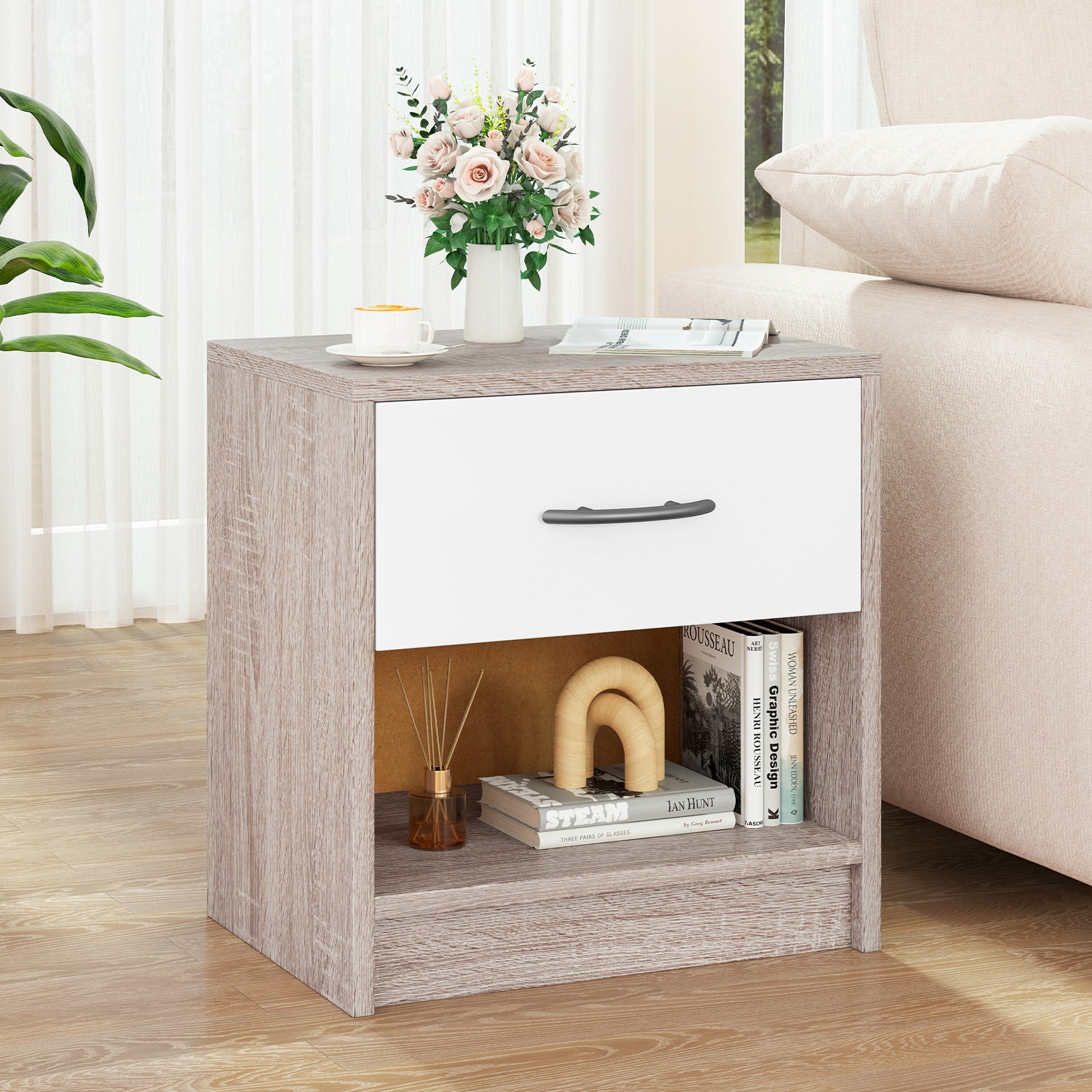 3-Tier Nightstand with Drawer and Open Storage Shelf for Small Spaces-Light Grey