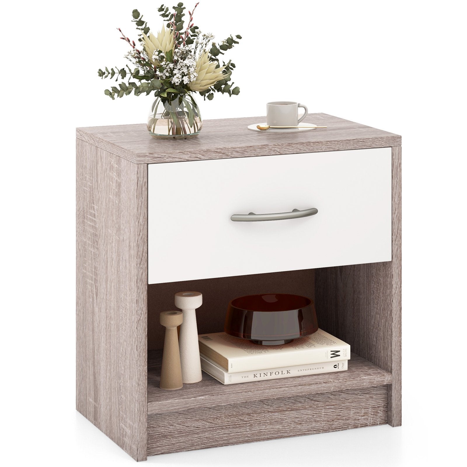 3-Tier Nightstand with Drawer and Open Storage Shelf for Small Spaces-Light Grey